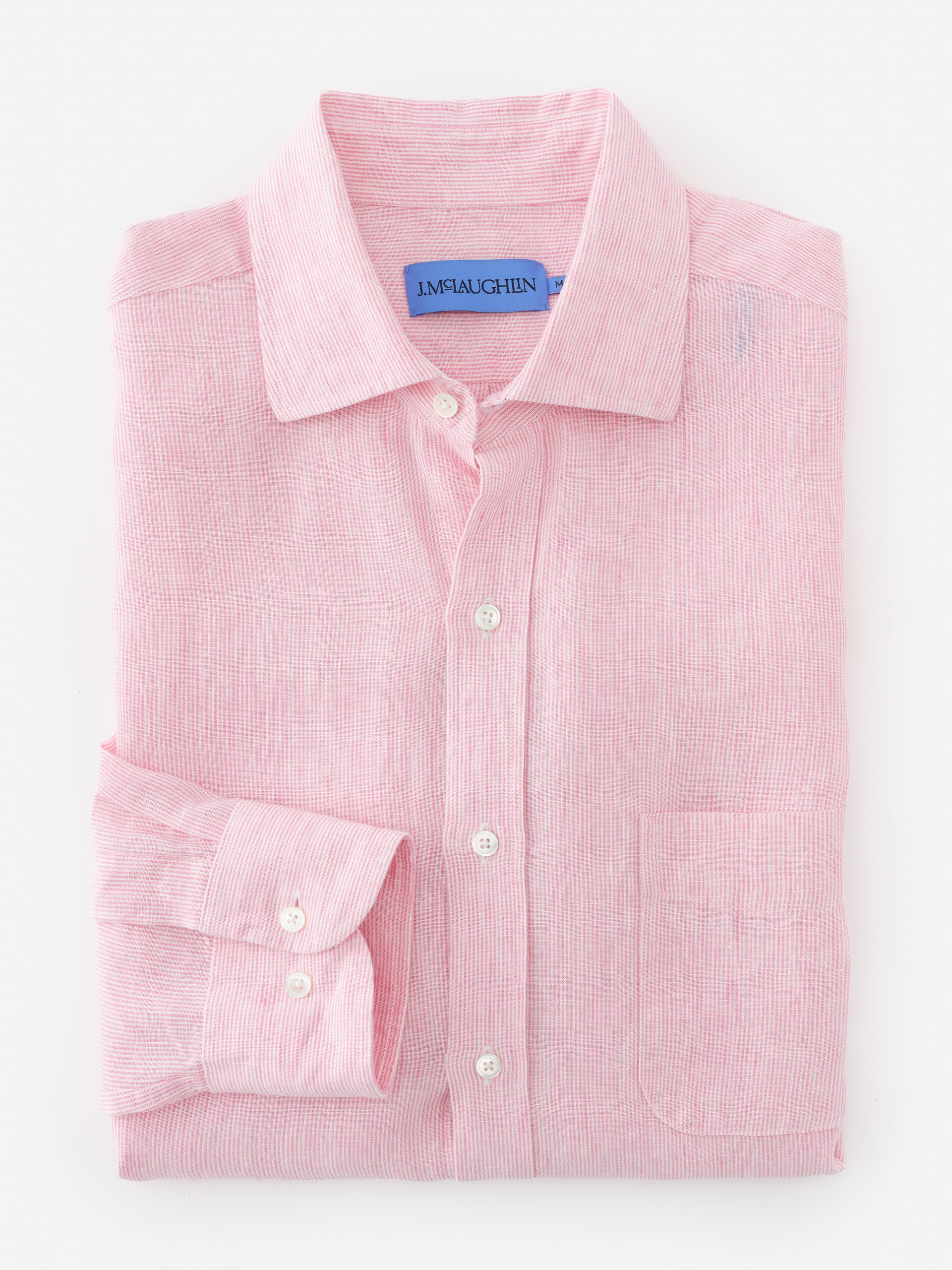 Folded pink and white striped Gramercy Linen Shirt in Hairline Stripe by J.McLaughlin, showcasing innovative fabrics with effortlessly stylish, enduring designs for a legacy of timeless fashion.