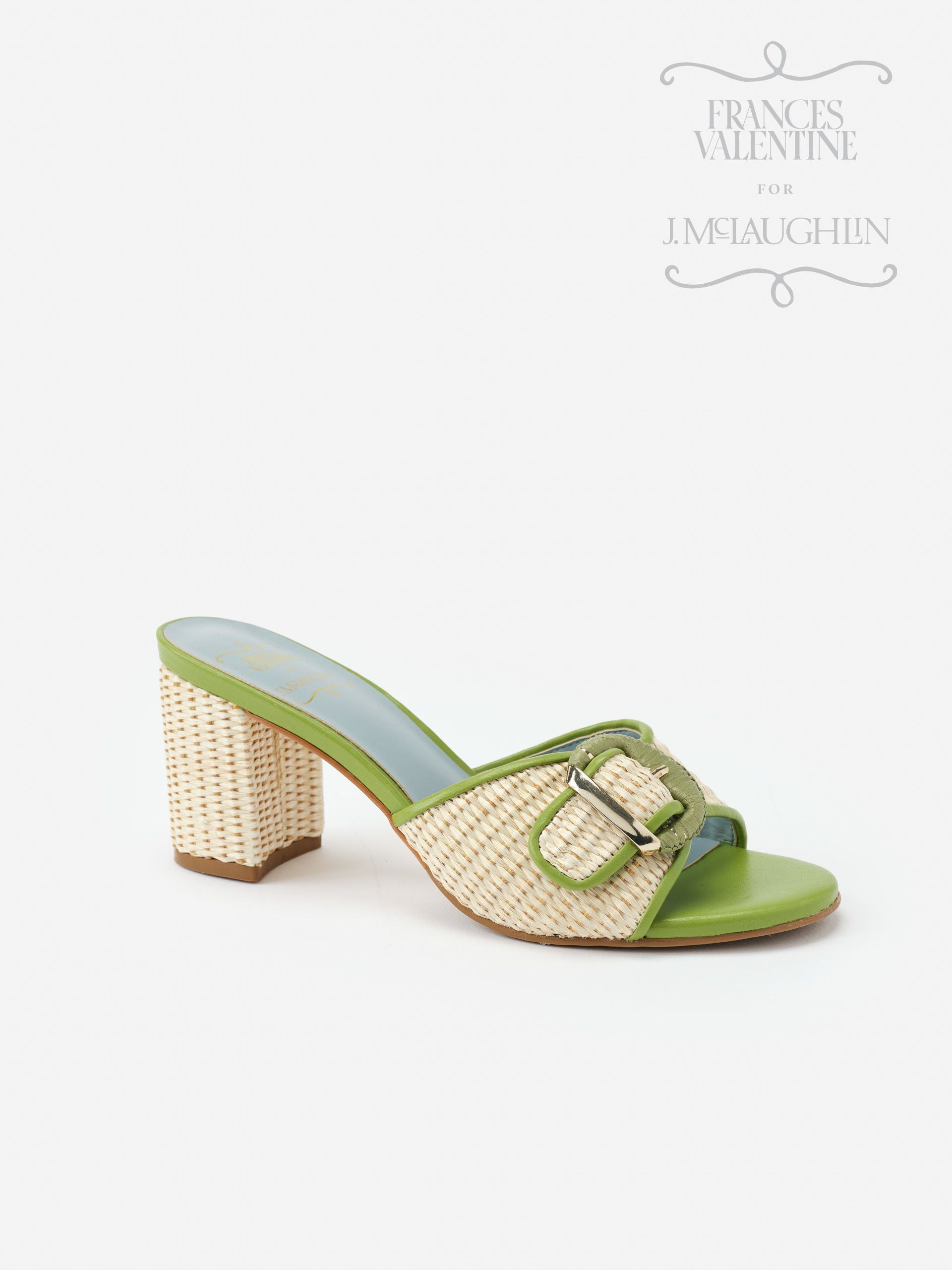 Taylor Heels by J.McLaughlin featuring a green leather footbed and woven rattan block heel with a matching buckle strap, effortlessly stylish with enduring designs.