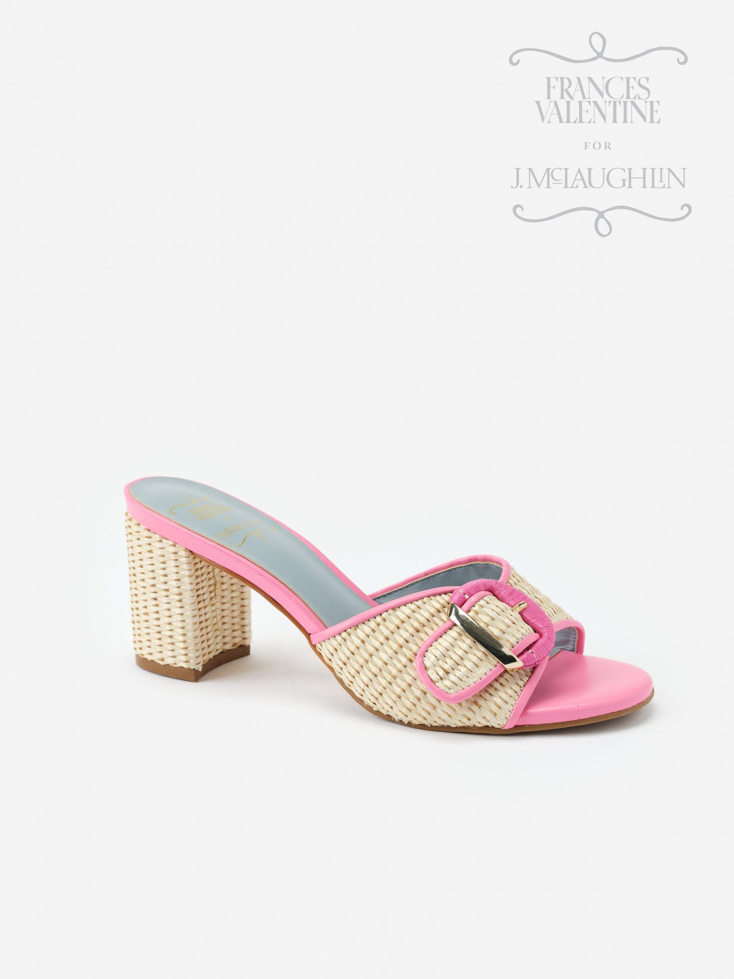 Taylor Heels by J.McLaughlin featuring a pink open-toe design with woven detailing and a block heel, effortlessly stylish with enduring designs and innovative fabrics.
