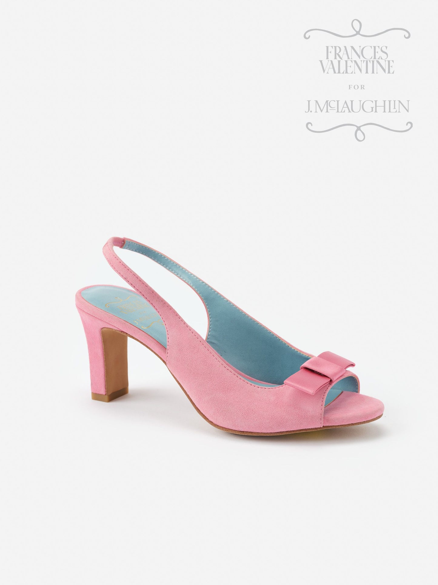 Reese Suede Slingbacks in soft pink suede with a bow detail and mid-height heel, showcasing J.McLaughlin’s effortlessly stylish, enduring designs in shoes.