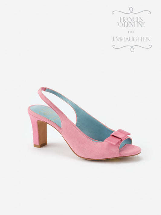 Reese Suede Slingbacks in soft pink suede with a bow detail and mid-height heel, showcasing J.McLaughlin’s effortlessly stylish, enduring designs in shoes.