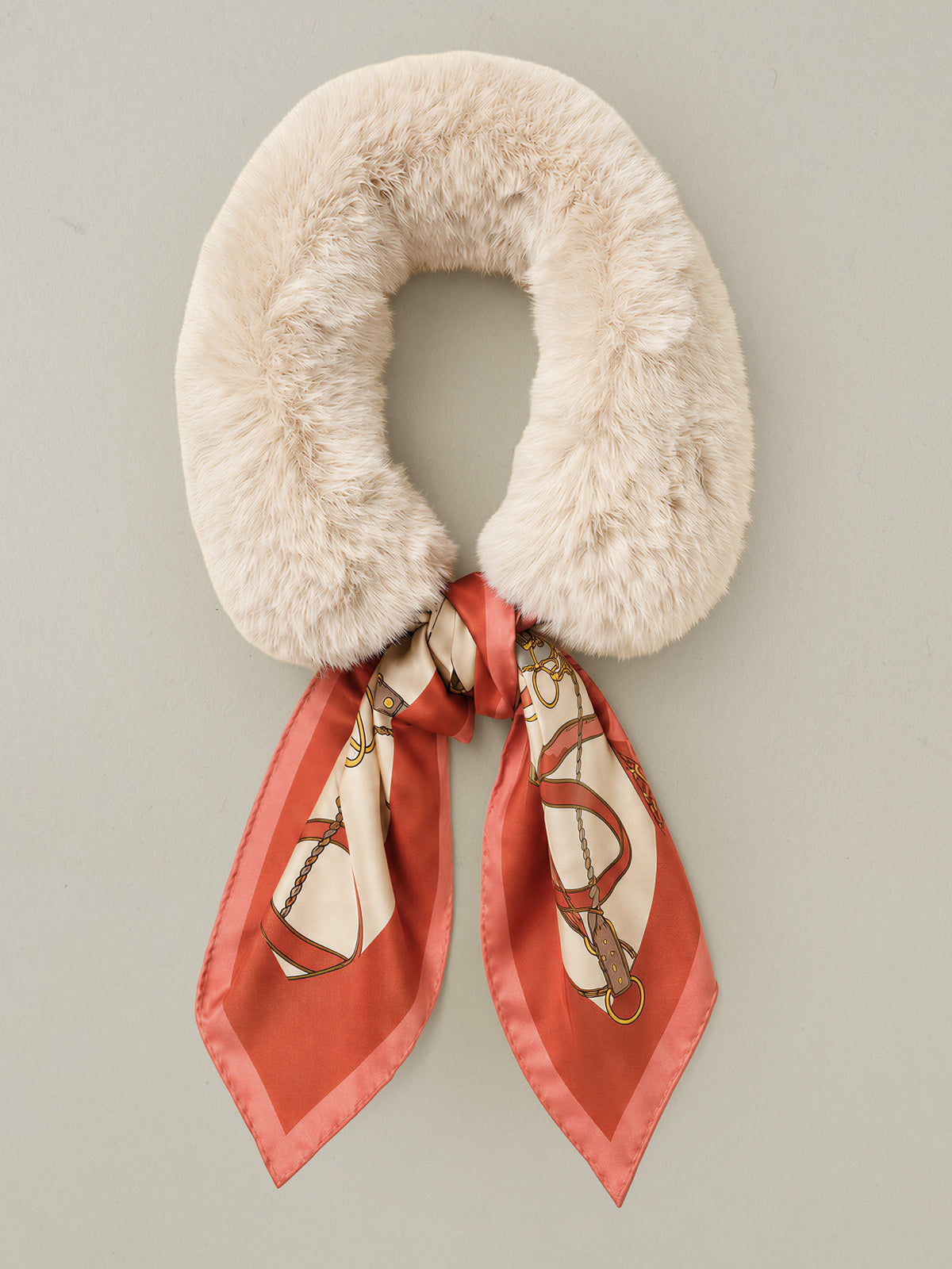 Camille Faux Fur Neckwarmer in Neo Sinclair Square by J.McLaughlin featuring plush ivory faux fur and a red printed silk scarf