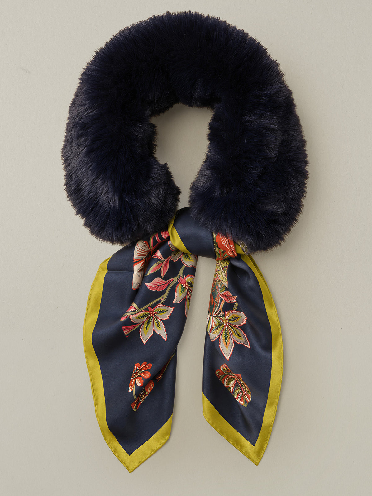 Camille Faux Fur Neckwarmer in Heirloom Botanica Square by J.McLaughlin with plush black faux fur and floral silk scarf tails