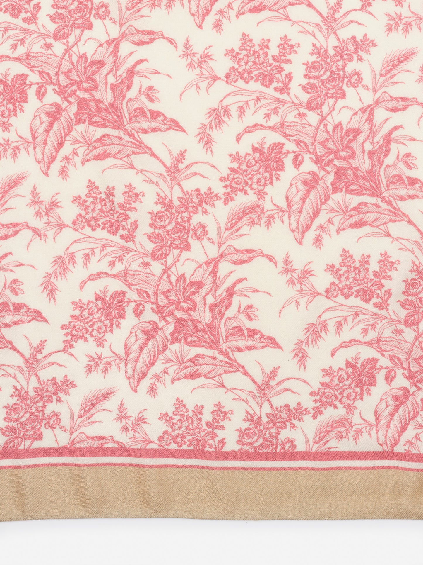 Delicate floral pattern in soft red tones on a cream background with a tan border, showcasing the Sarita Scarf in Giardino Toile Corner by J.McLaughlin, effortlessly stylish and enduring design. A destination for defining style. Life, Well-Lived.