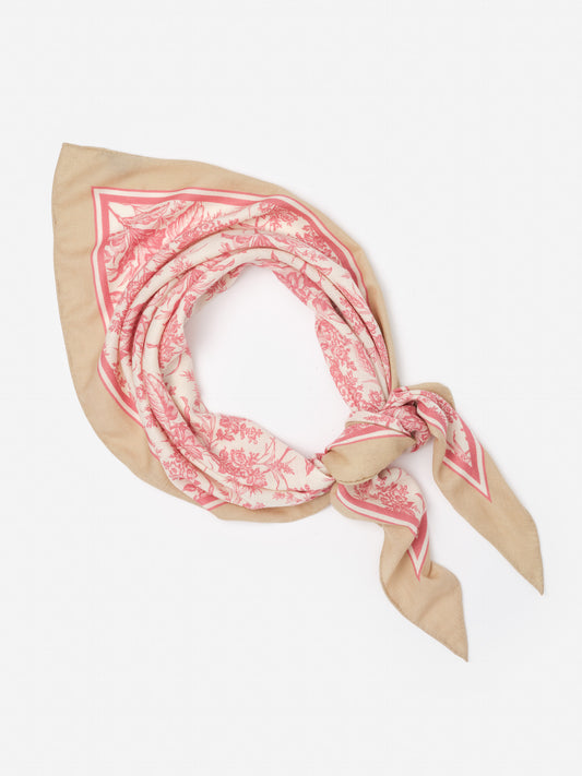 Sarita Scarf in Giardino Toile Corner by J.McLaughlin features an effortlessly stylish beige and pink toile pattern, showcasing enduring designs and innovative fabrics for a legacy of timeless fashion. A destination for defining style. Life, Well-Lived.