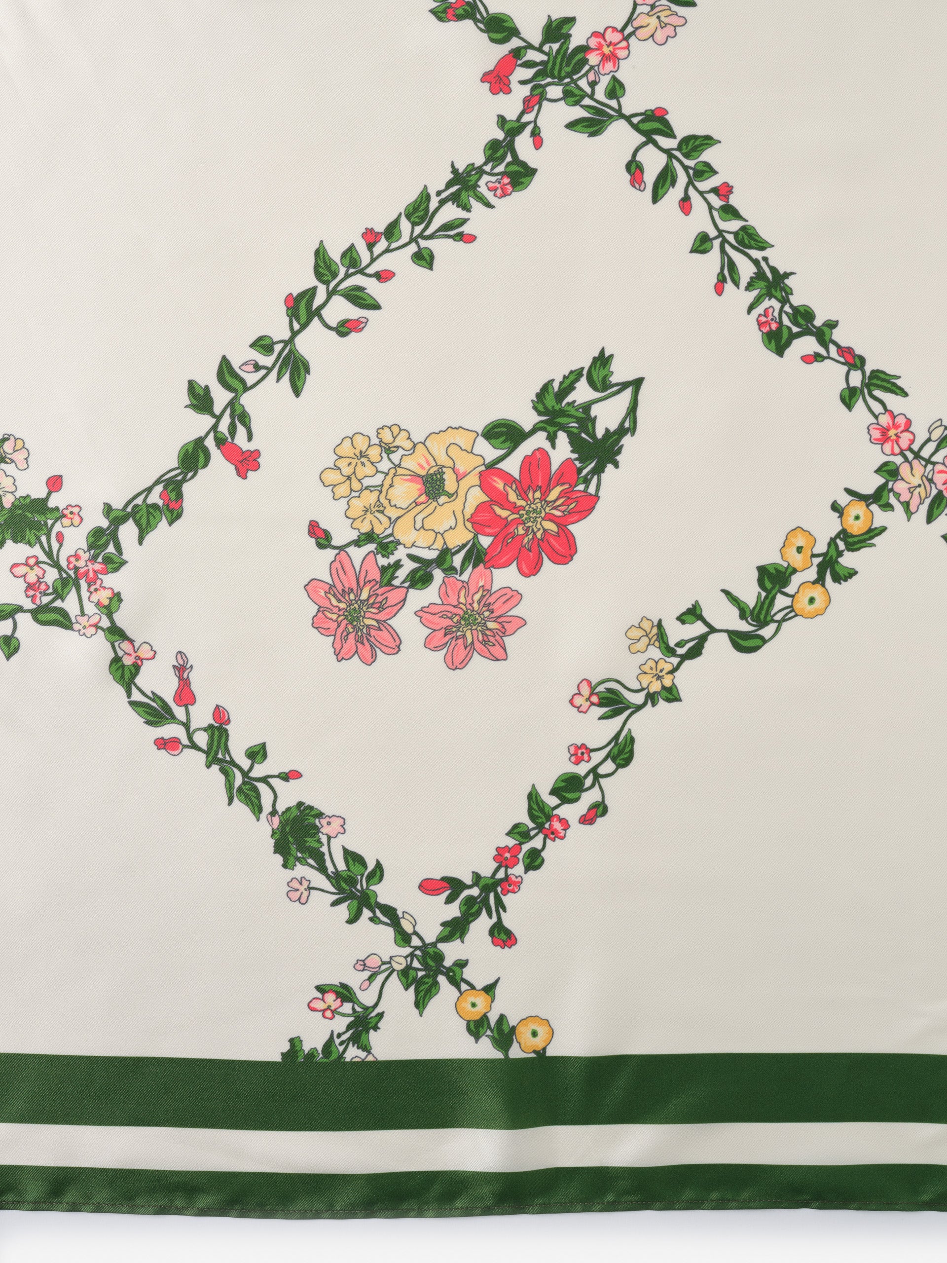 Close-up of The Magic Scarf in Floral Medley Frame Border by J.McLaughlin, featuring delicate floral patterns and green borders, showcasing effortlessly stylish and enduring designs.
