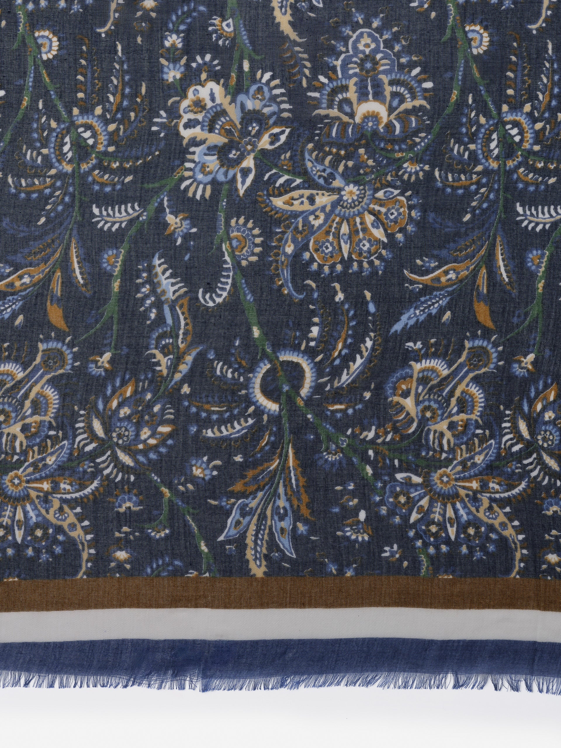 Giselle Scarf in Heirloom Paisley Border by J.McLaughlin features a classic paisley pattern in blue, gold, and green tones with a striped border, showcasing effortlessly stylish, enduring designs.