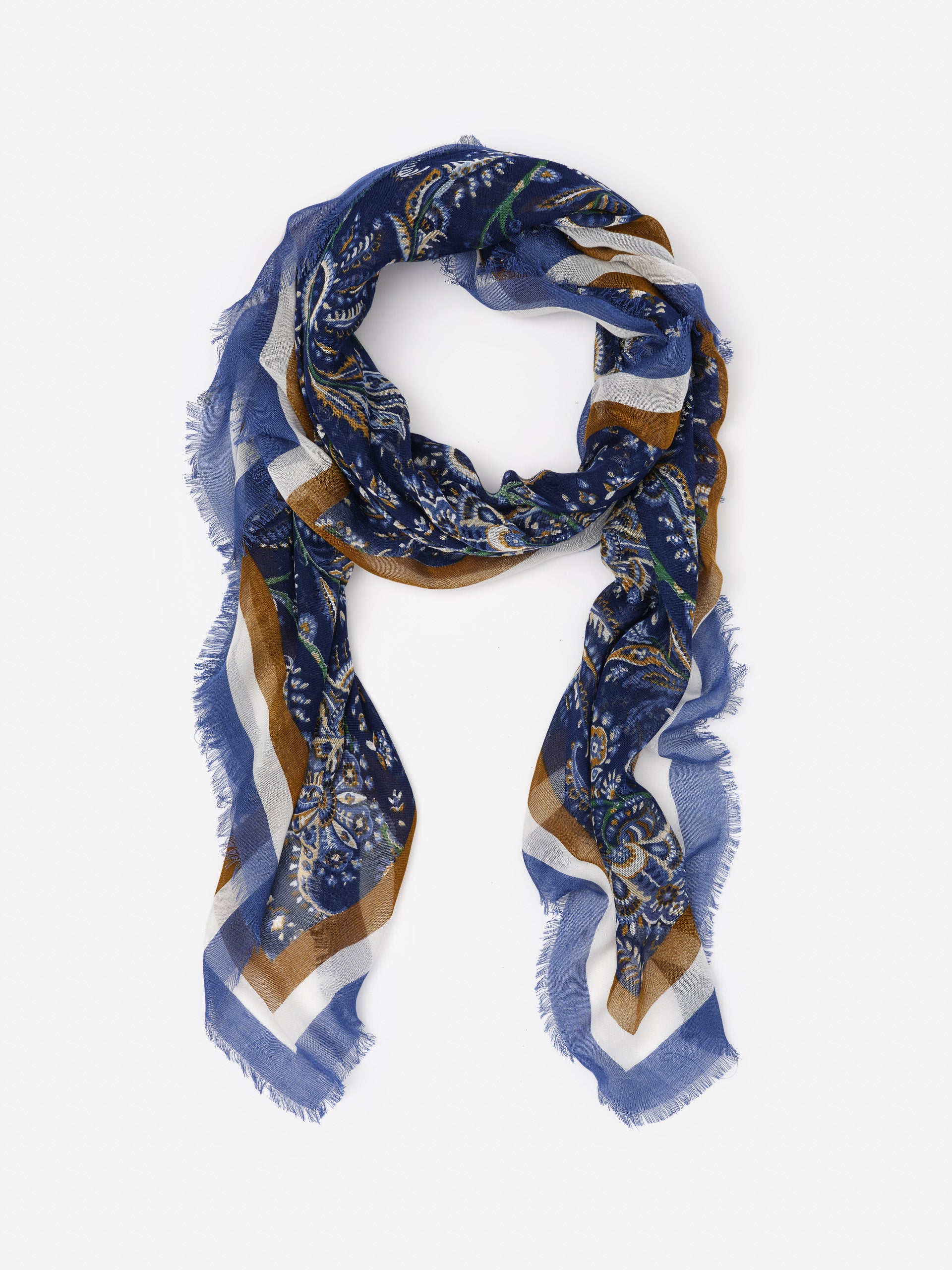 Giselle Scarf in Heirloom Paisley Border by J.McLaughlin features an effortlessly stylish paisley pattern in blue, white, and brown tones, embodying enduring designs and a legacy of timeless fashion at a destination for defining style. Life, Well-Lived.