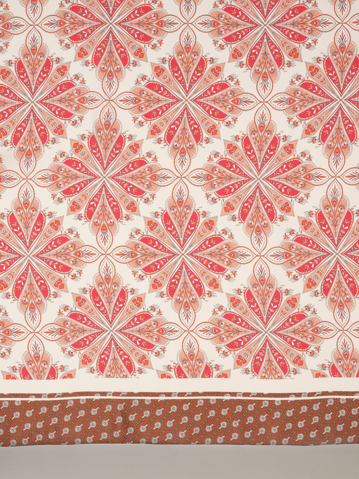 The Grace Silk Scarf in Neo Radiant Square by J.McLaughlin featuring an ornate red coral and cream paisley pattern with hand rolled edges