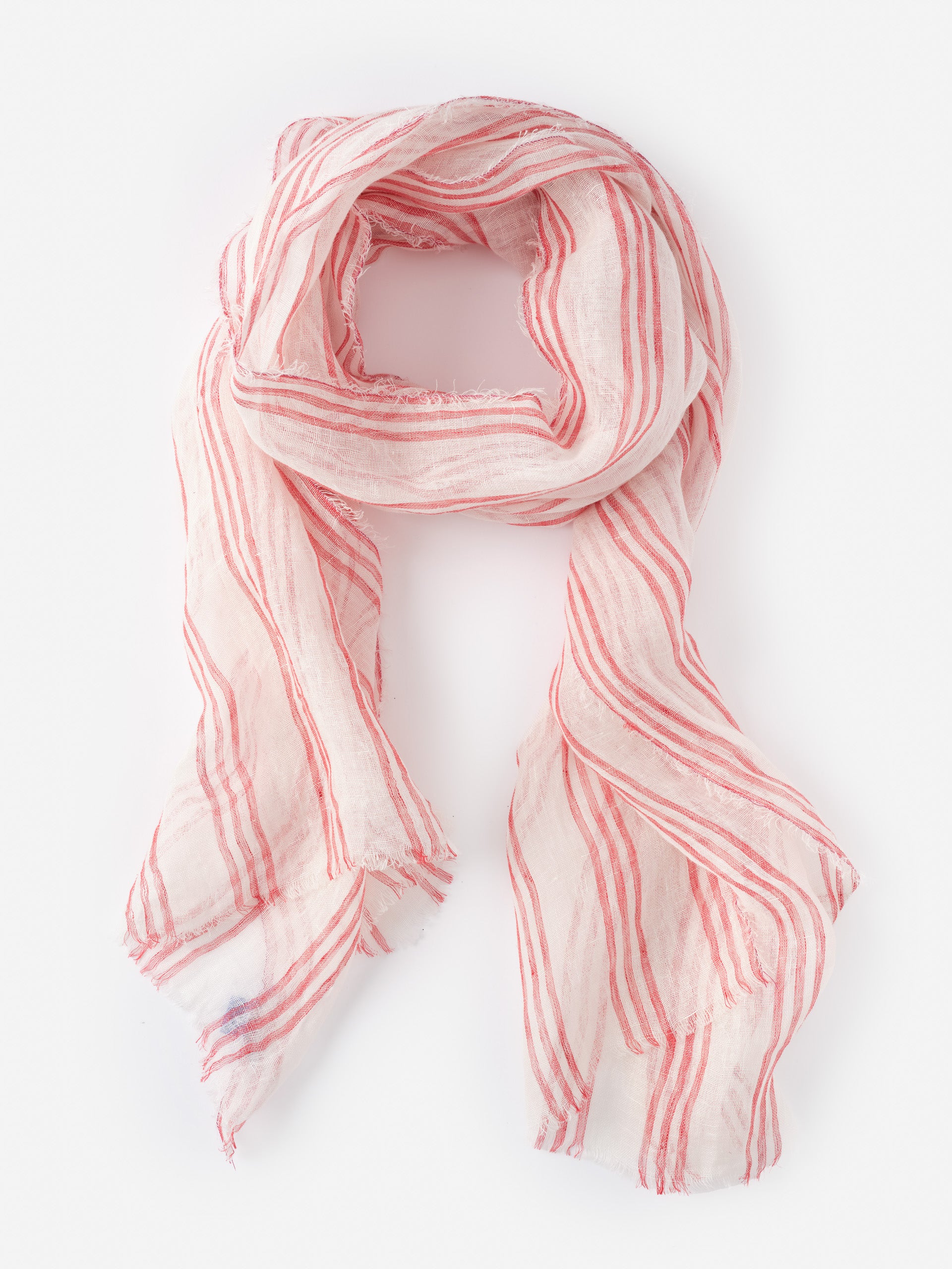 Lightweight Tessa Linen Scarf in Stripe by J.McLaughlin, featuring effortlessly stylish red stripes on breathable linen, embodying enduring designs with innovative fabrics for a legacy of timeless fashion. A destination for defining style. Life, Well-Lived.