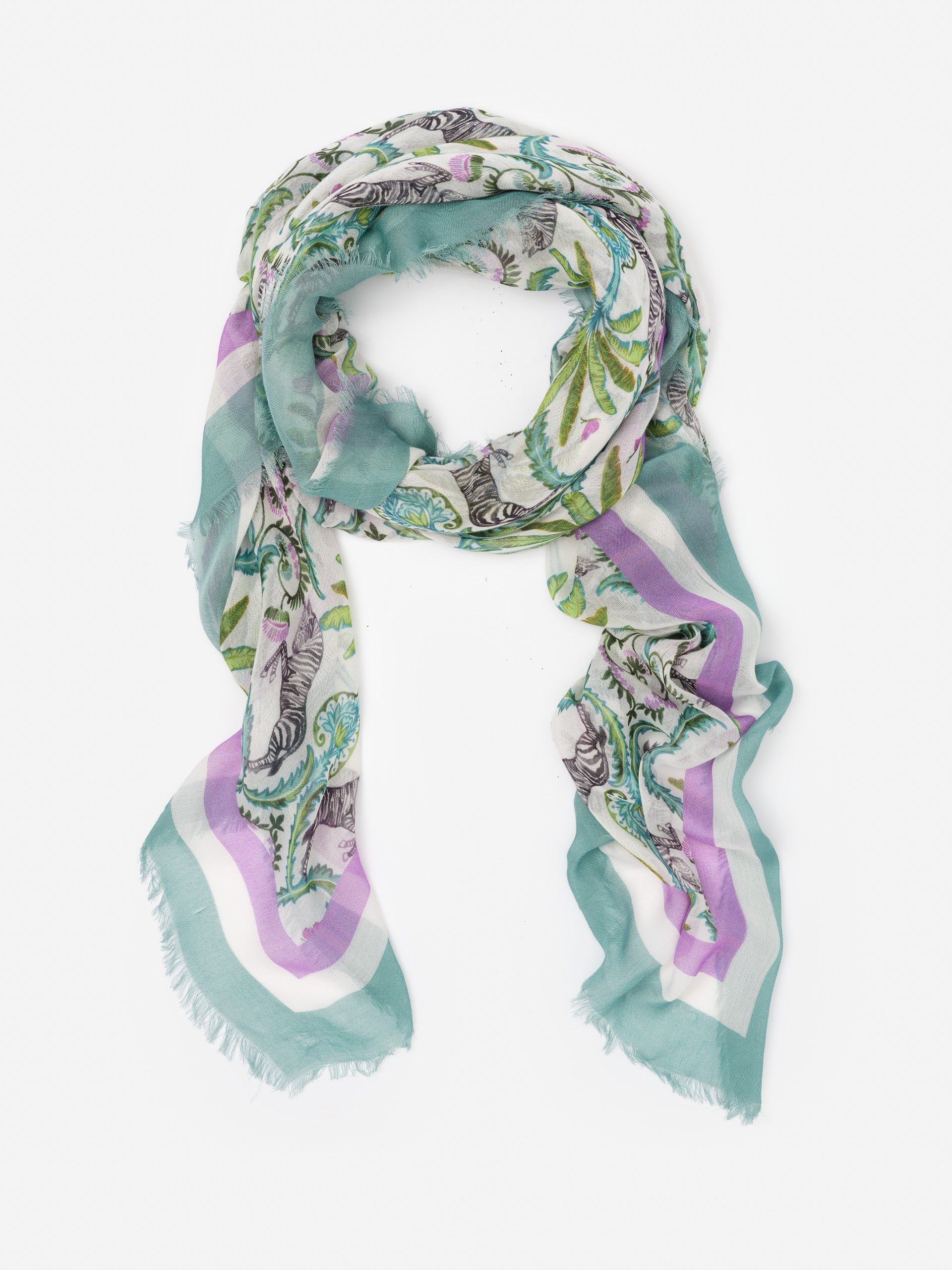 Lightweight Giselle Scarf in Zebra Isle Border by J.McLaughlin, featuring a vibrant mix of teal, purple, and green patterns, embodying effortlessly stylish and enduring designs. A destination for defining style. Life, Well-Lived.