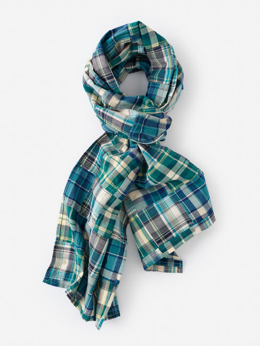 Men's Cotton Scarf in Plaid by J.McLaughlin featuring an effortlessly stylish blue and green plaid pattern, crafted with enduring designs and innovative fabrics for a legacy of timeless fashion. A destination for defining style. Life, Well-Lived.