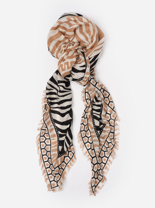 The Katherine Scarf in Wild Medley Border by J.McLaughlin, featuring a soft modal-wool blend with stylish geometric and animal print patterns, perfect for year-round wear.