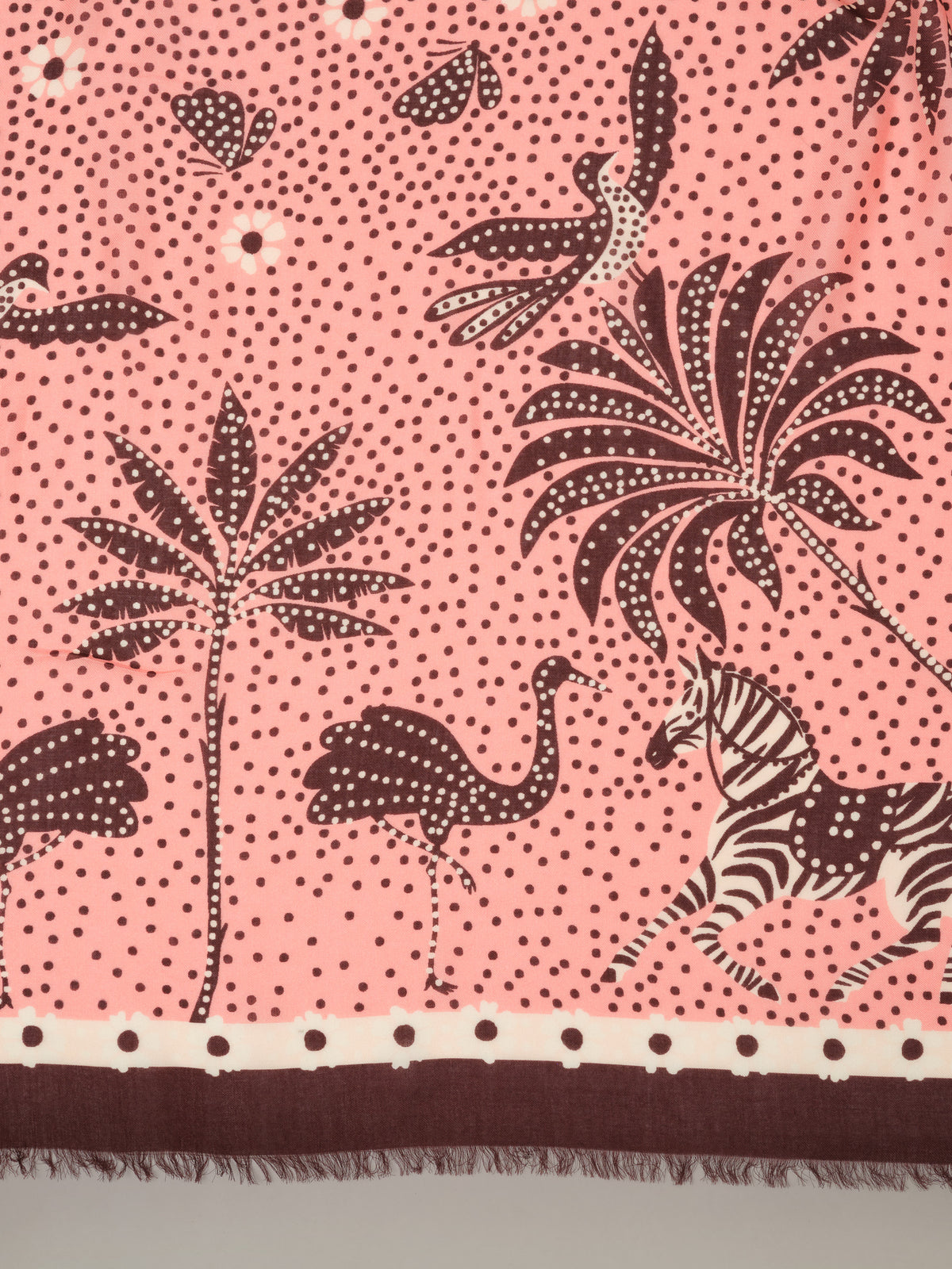 J.McLaughlin The Katherine Scarf in Folk Tale Border featuring a pink folk print with zebras birds botanicals dotted details and a fringed border