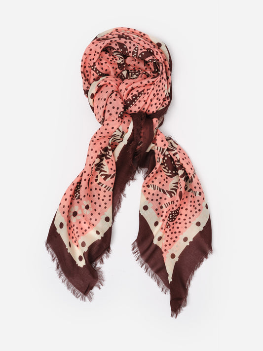 The Katherine Scarf in Folk Tale Border by J.McLaughlin, featuring an elegant pink and brown polka dot pattern with delicate fringed edges, perfect for stylish layering year-round.