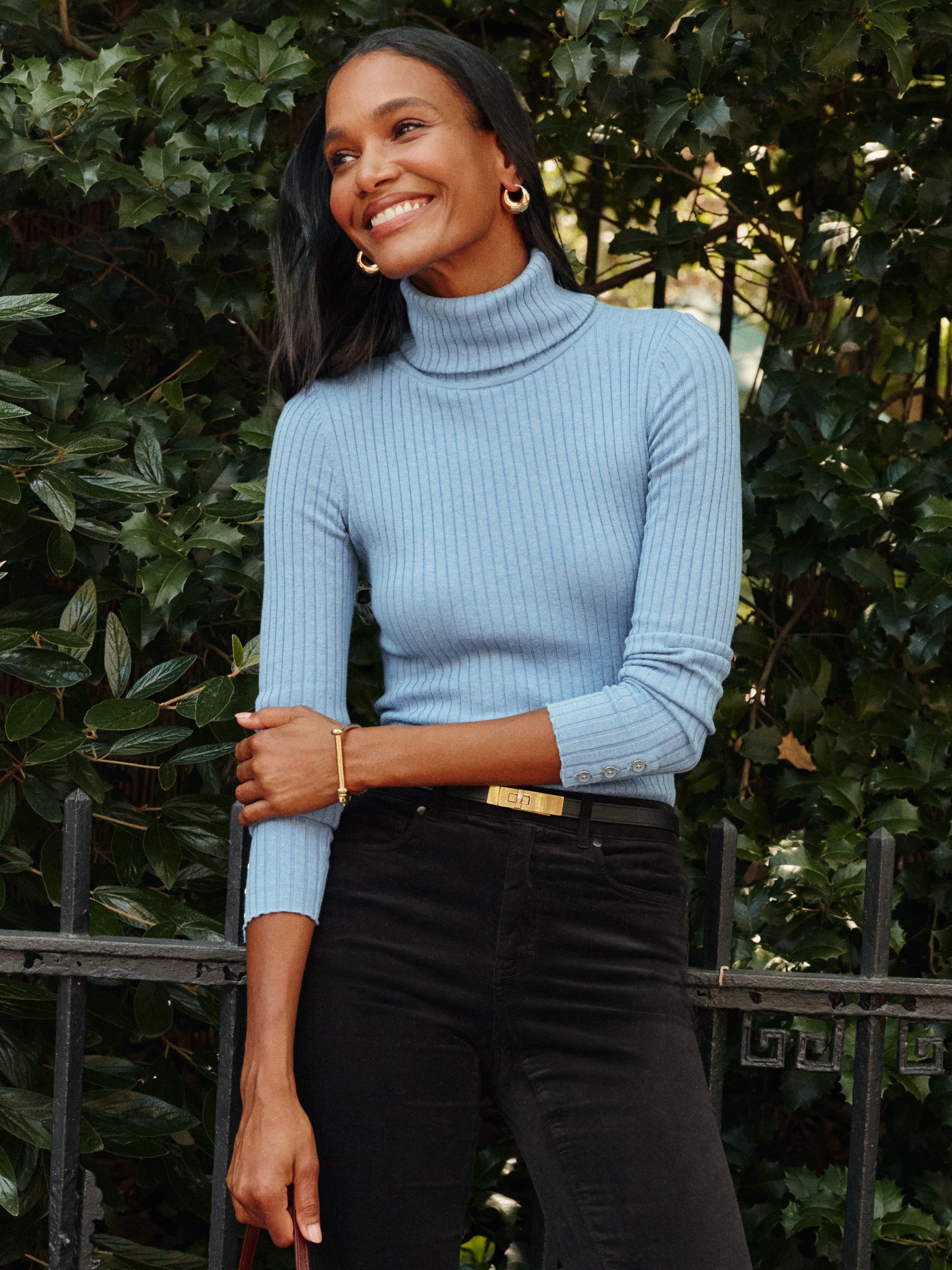 J.McLaughlin Arlette sweater in light chambray made with cotton/modal.