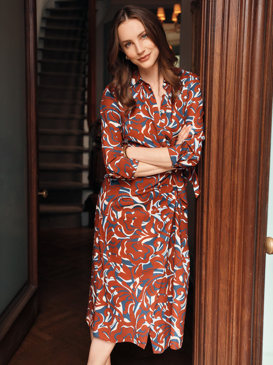 J.McLaughlin Leandra dress in navy/maroon made with Polyester.