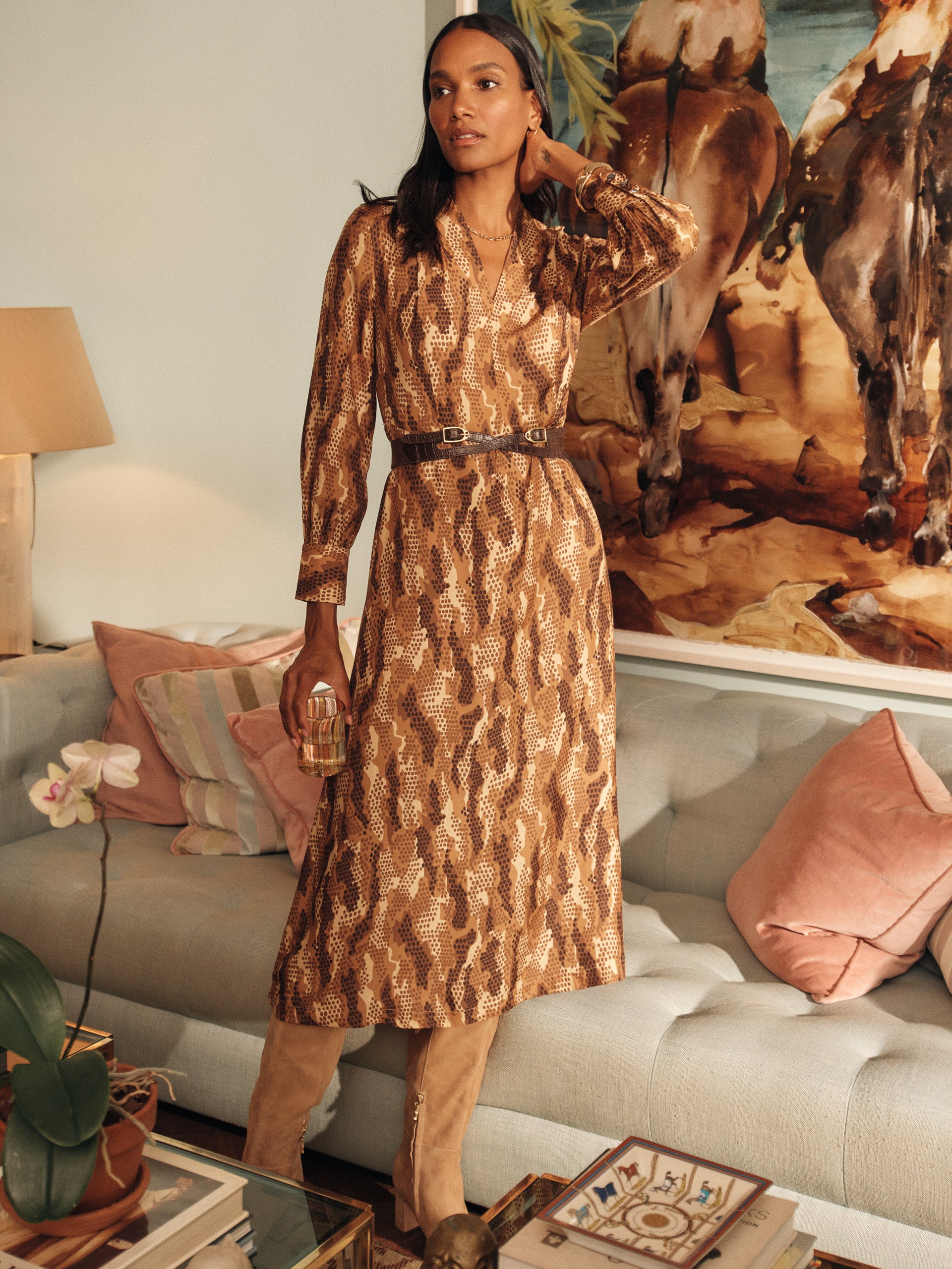 J.McLaughlin Portia dress in black/camel made with silk viscose.