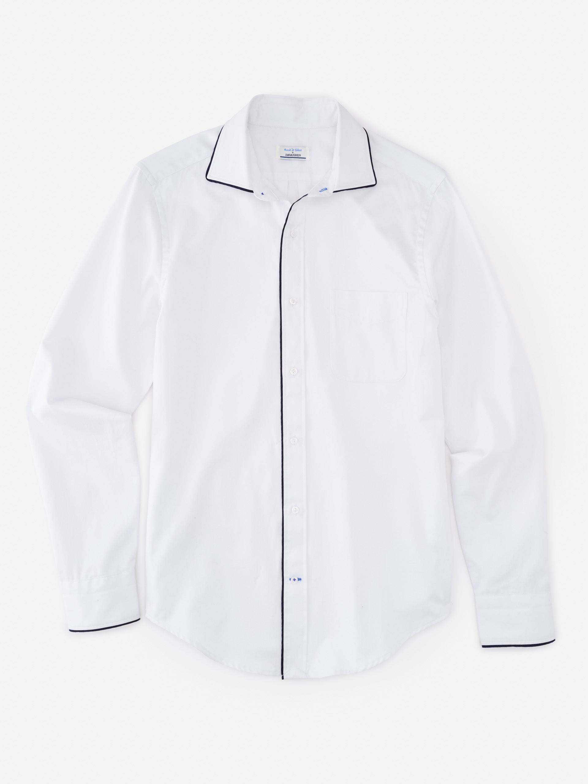 Anderson Cotton Shirt by J.McLaughlin in white with black piping, showcasing effortlessly stylish, enduring designs crafted from innovative fabrics—a destination for defining style. Life, Well-Lived.