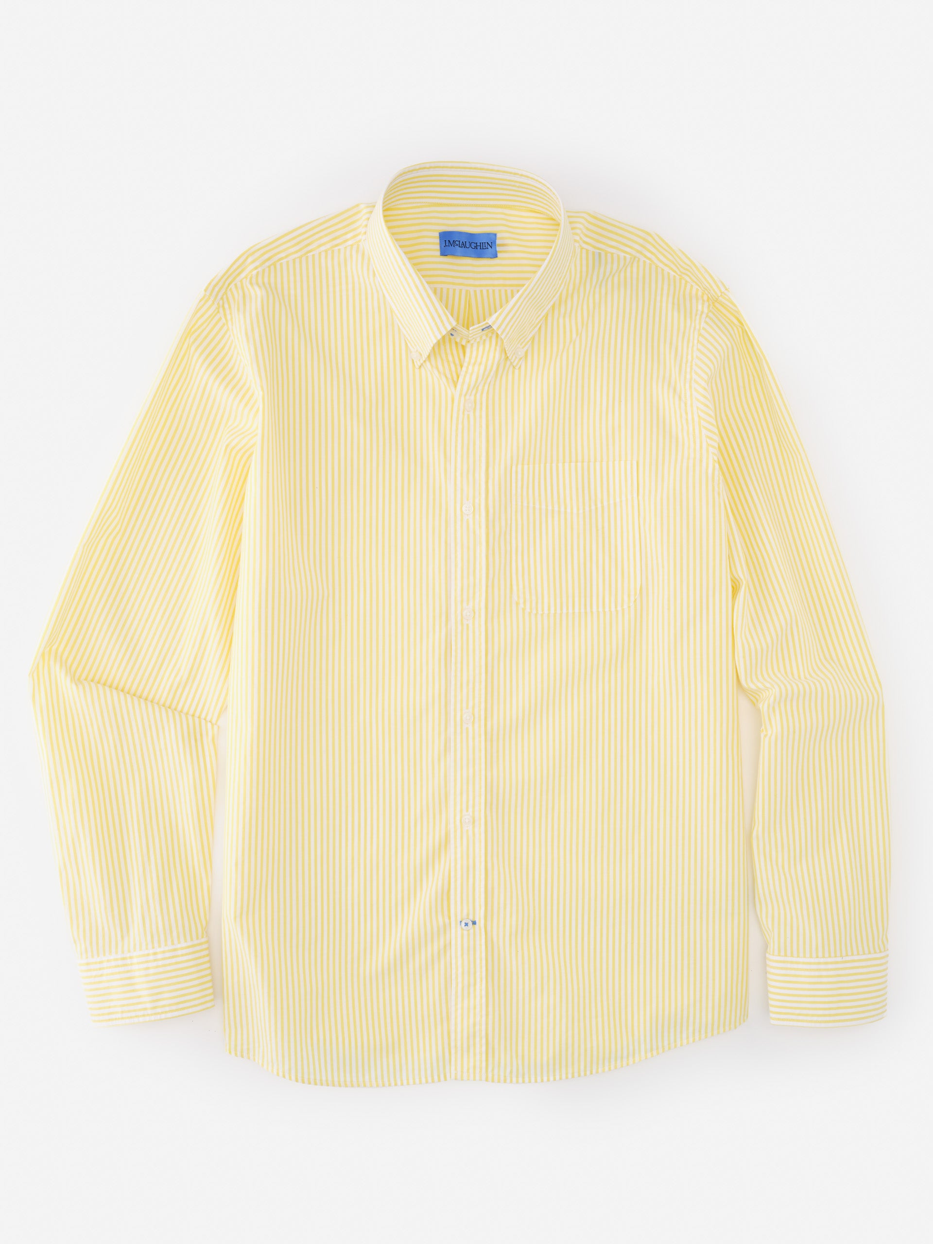 Belvedere Cotton Shirt in Bengal Stripe by J.McLaughlin featuring effortlessly stylish yellow and white stripes, crafted with innovative fabrics for enduring designs and timeless fashion.