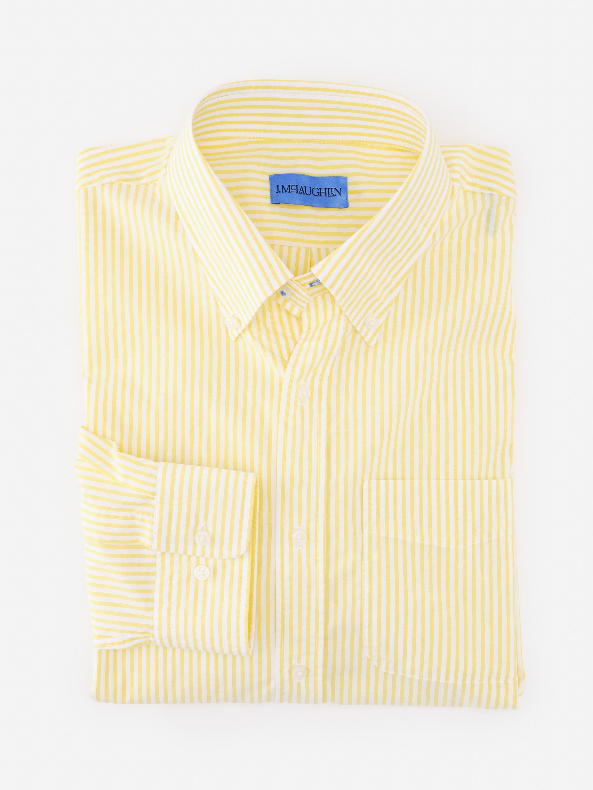 Belvedere Cotton Shirt in Bengal Stripe by J.McLaughlin, a classic shirt featuring soft cotton and yellow striped pattern, representing effortlessly stylish, enduring designs in a legacy of timeless fashion. A destination for defining style. Life, Well-Lived.