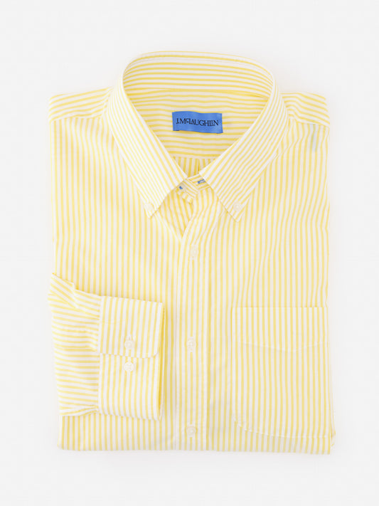 Belvedere Cotton Shirt in Bengal Stripe by J.McLaughlin, a classic shirt featuring soft cotton and yellow striped pattern, representing effortlessly stylish, enduring designs in a legacy of timeless fashion. A destination for defining style. Life, Well-Lived.
