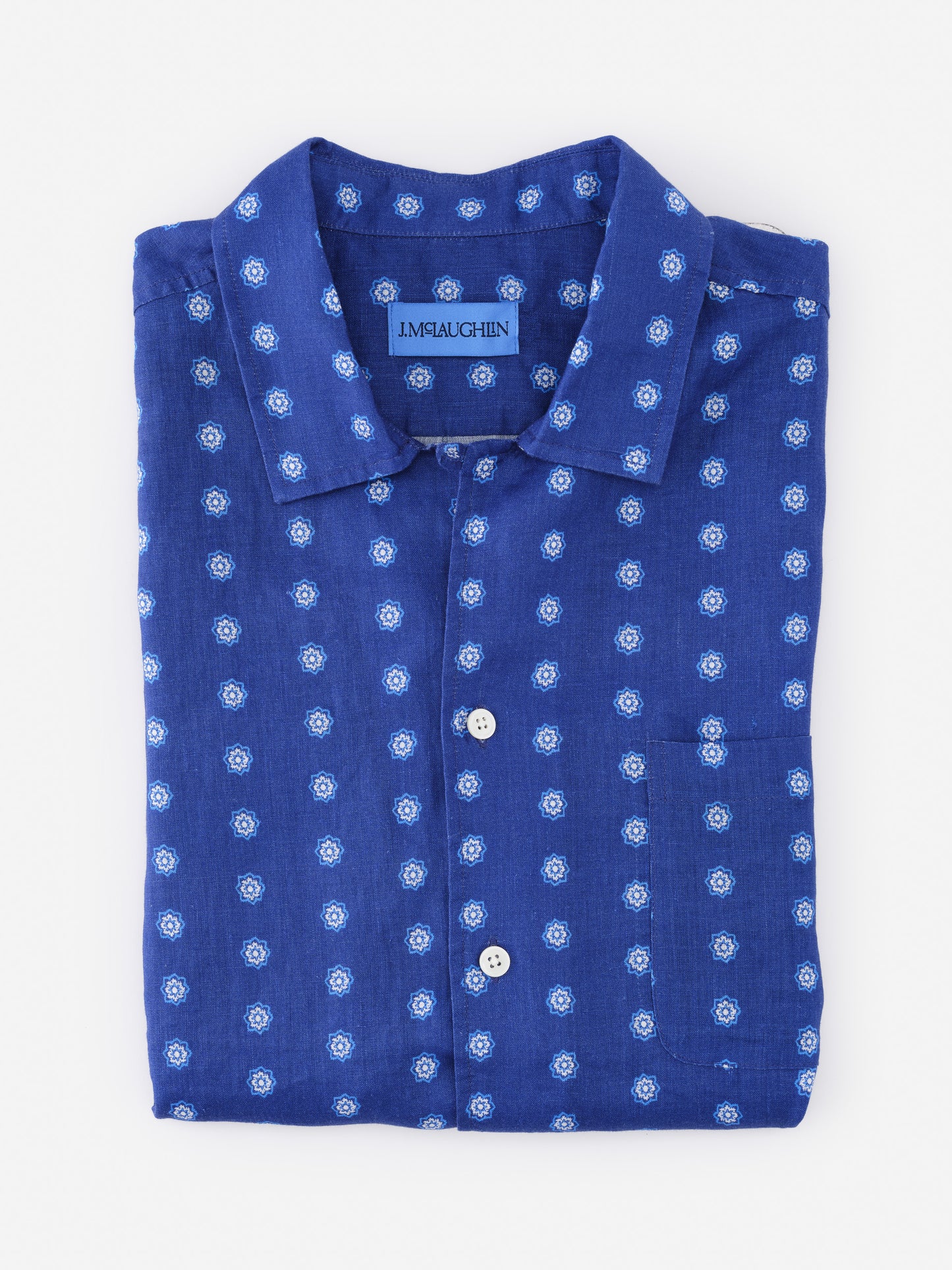 Montauk Linen Shirt in Castine Bandana Geo by J.McLaughlin, featuring effortlessly stylish design and innovative fabrics for enduring appeal in timeless fashion. A destination for defining style. Life, Well-Lived.