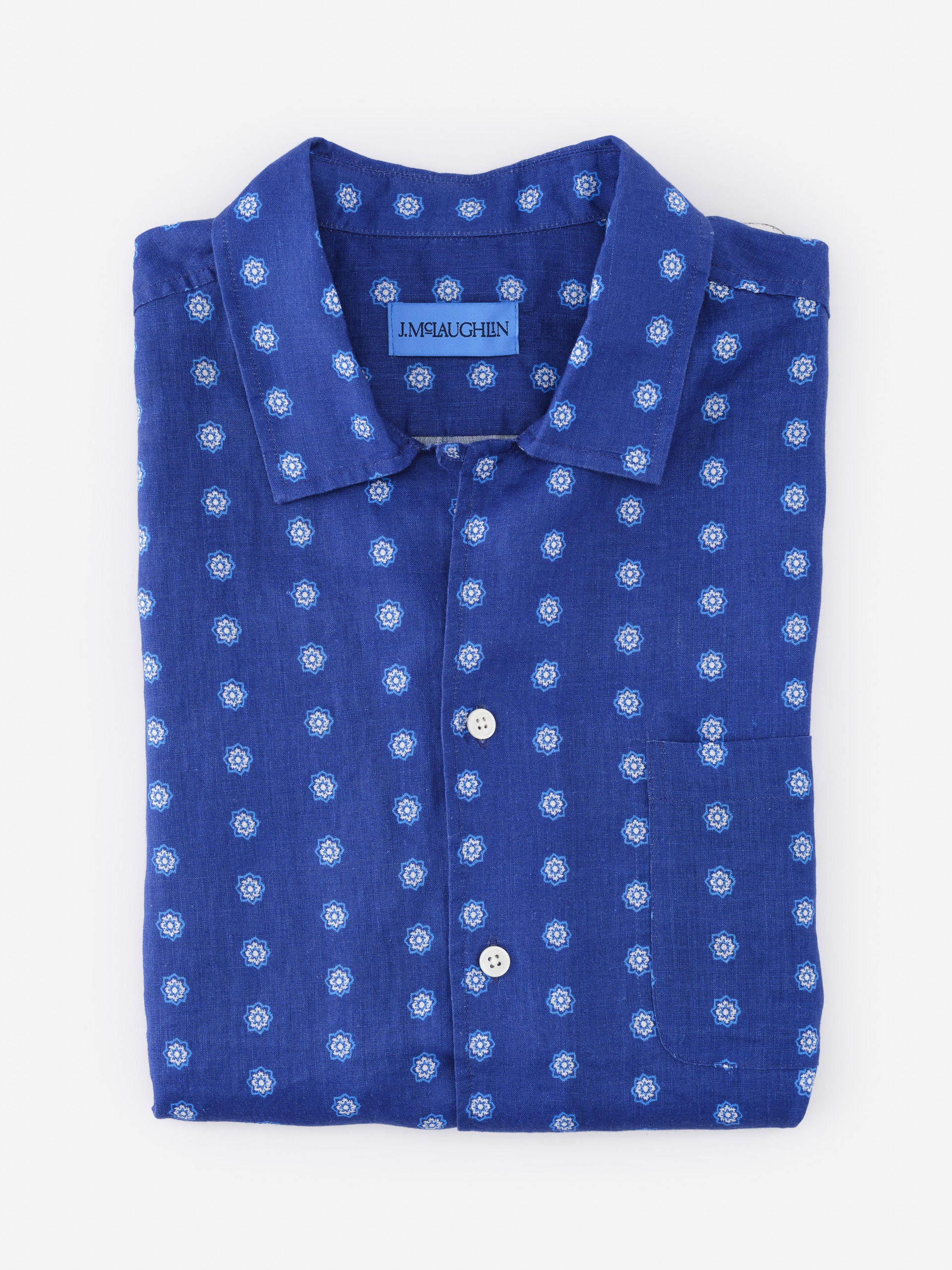 Montauk Linen Shirt in Castine Bandana Geo by J.McLaughlin, featuring effortlessly stylish design and innovative fabrics for enduring appeal in timeless fashion. A destination for defining style. Life, Well-Lived.