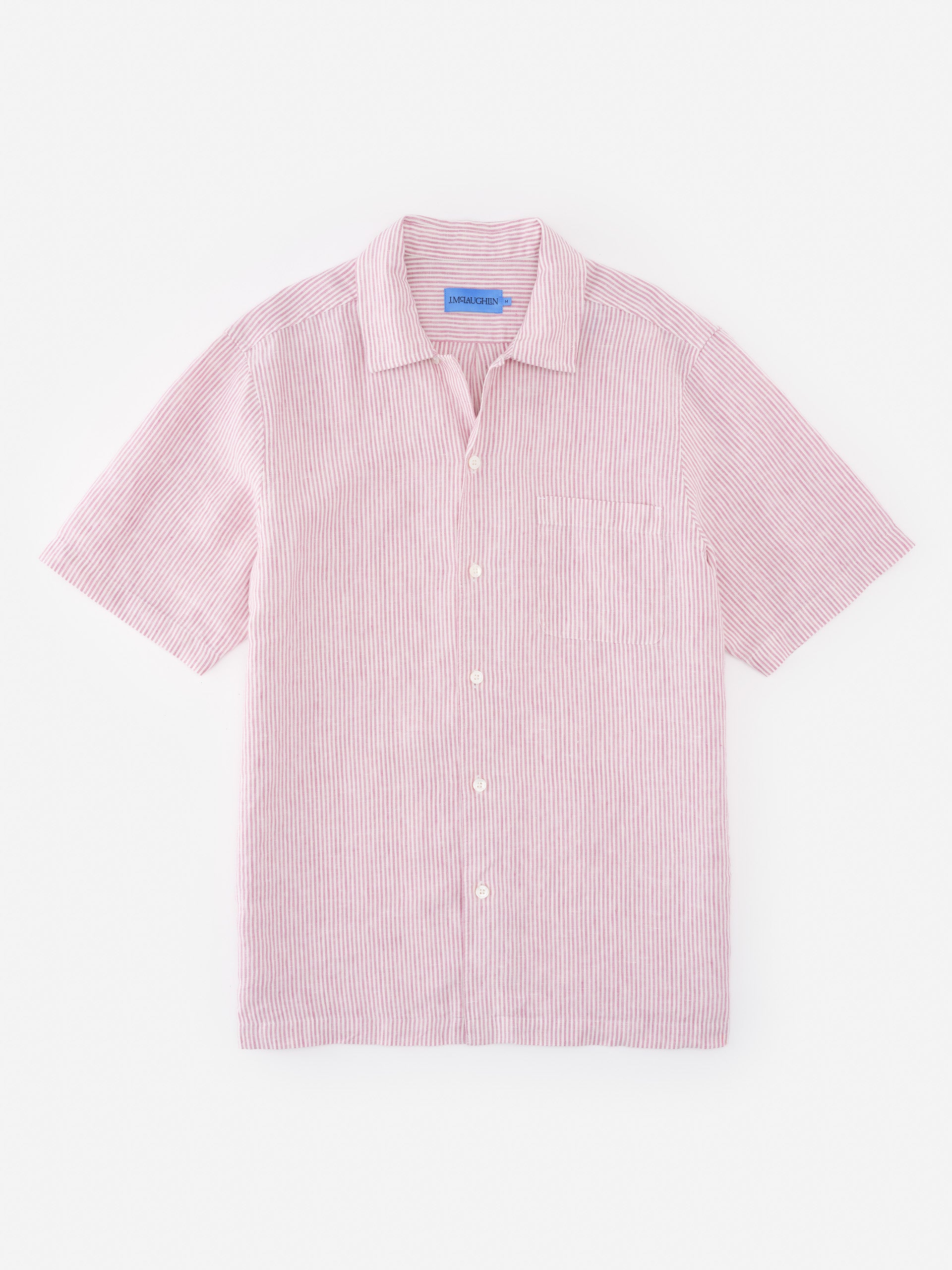 Montauk Linen Shirt in University Stripe by J.McLaughlin, featuring effortlessly stylish linen fabric with thin red stripes, designed for enduring comfort and timeless appeal.