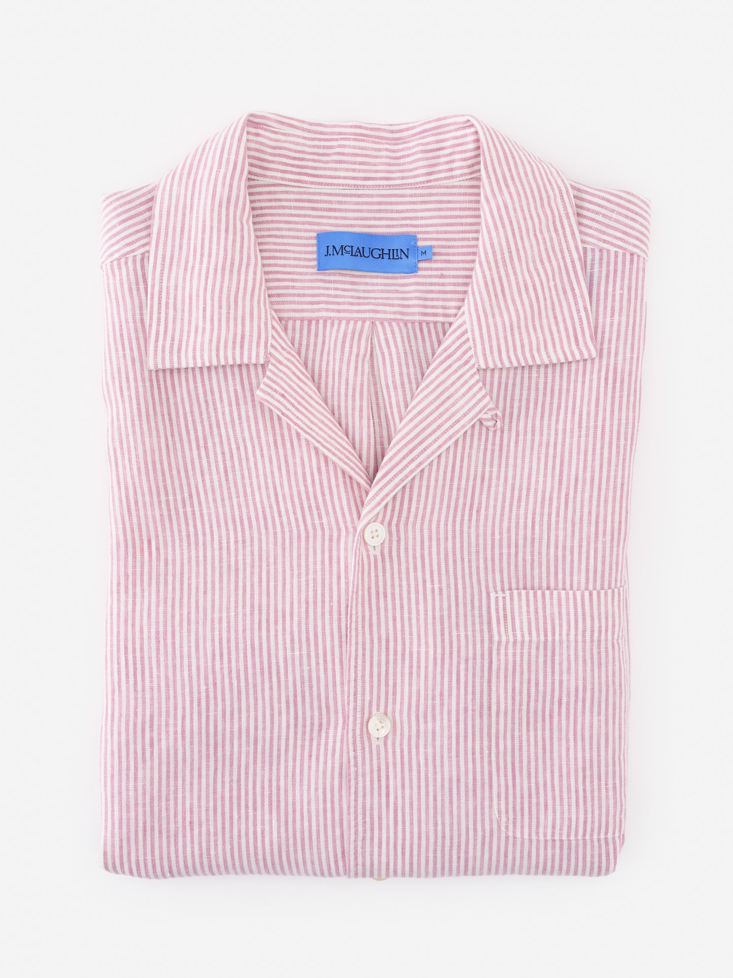 Folded Montauk Linen Shirt in University Stripe by J.McLaughlin with pink and white stripes, showcasing effortlessly stylish, enduring designs and a legacy of timeless fashion. A destination for defining style. Life, Well-Lived.