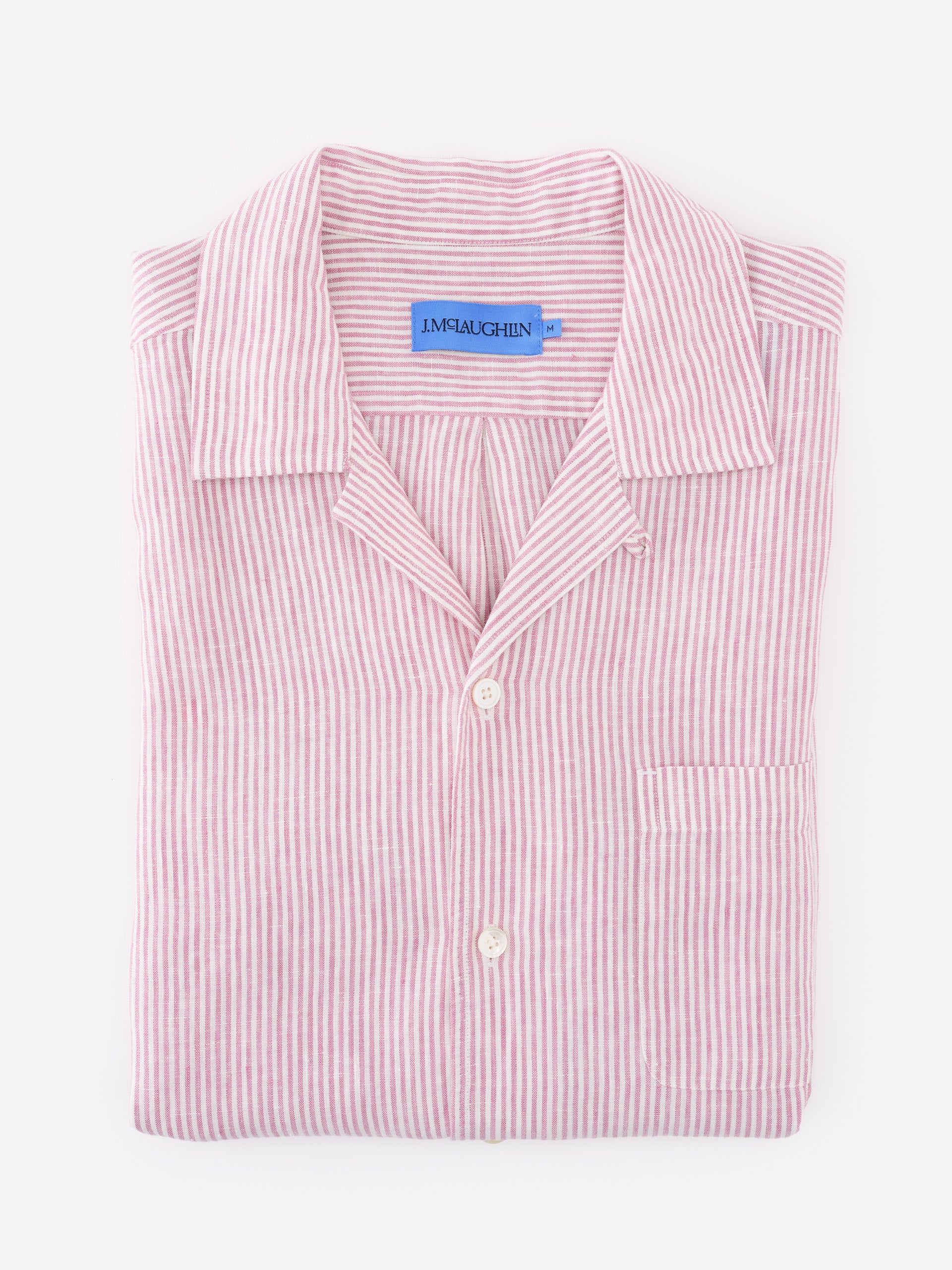 Folded Montauk Linen Shirt in University Stripe by J.McLaughlin with pink and white stripes, showcasing effortlessly stylish, enduring designs and a legacy of timeless fashion. A destination for defining style. Life, Well-Lived.