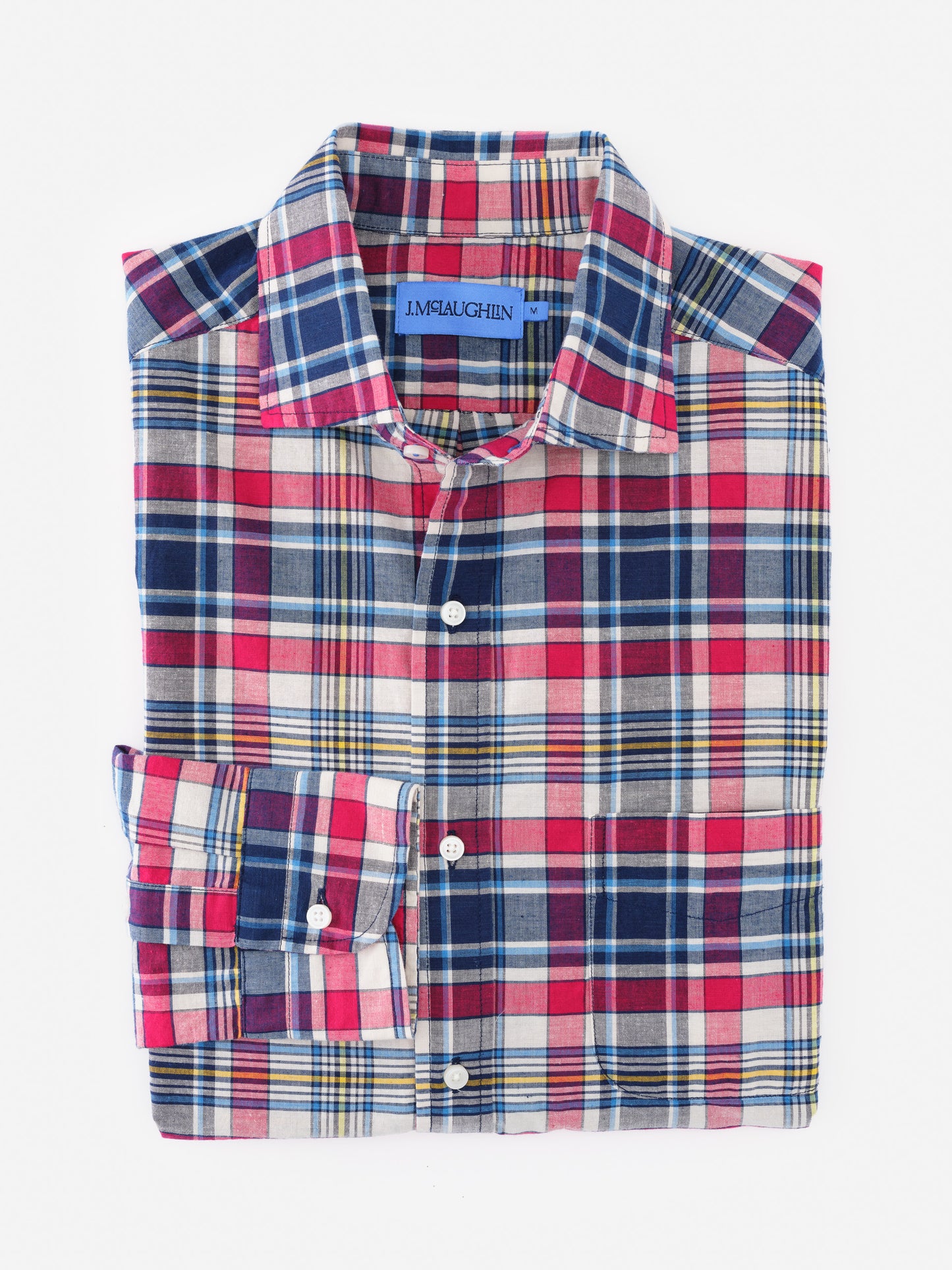 Folded Gramercy Cotton Shirt in Plaid by J.McLaughlin showcasing an effortlessly stylish plaid pattern in red, navy, and white, reflecting enduring designs and innovative fabrics.