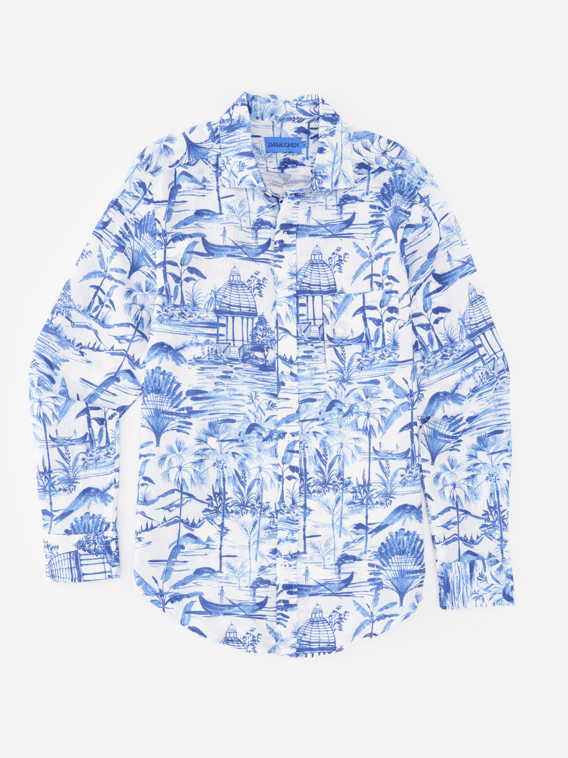 Gramercy Linen Shirt in Mini Seaforth by J.McLaughlin features a refined blue and white scenic print, crafted from innovative fabrics for effortlessly stylish, enduring designs. A destination for defining style. Life, Well-Lived.