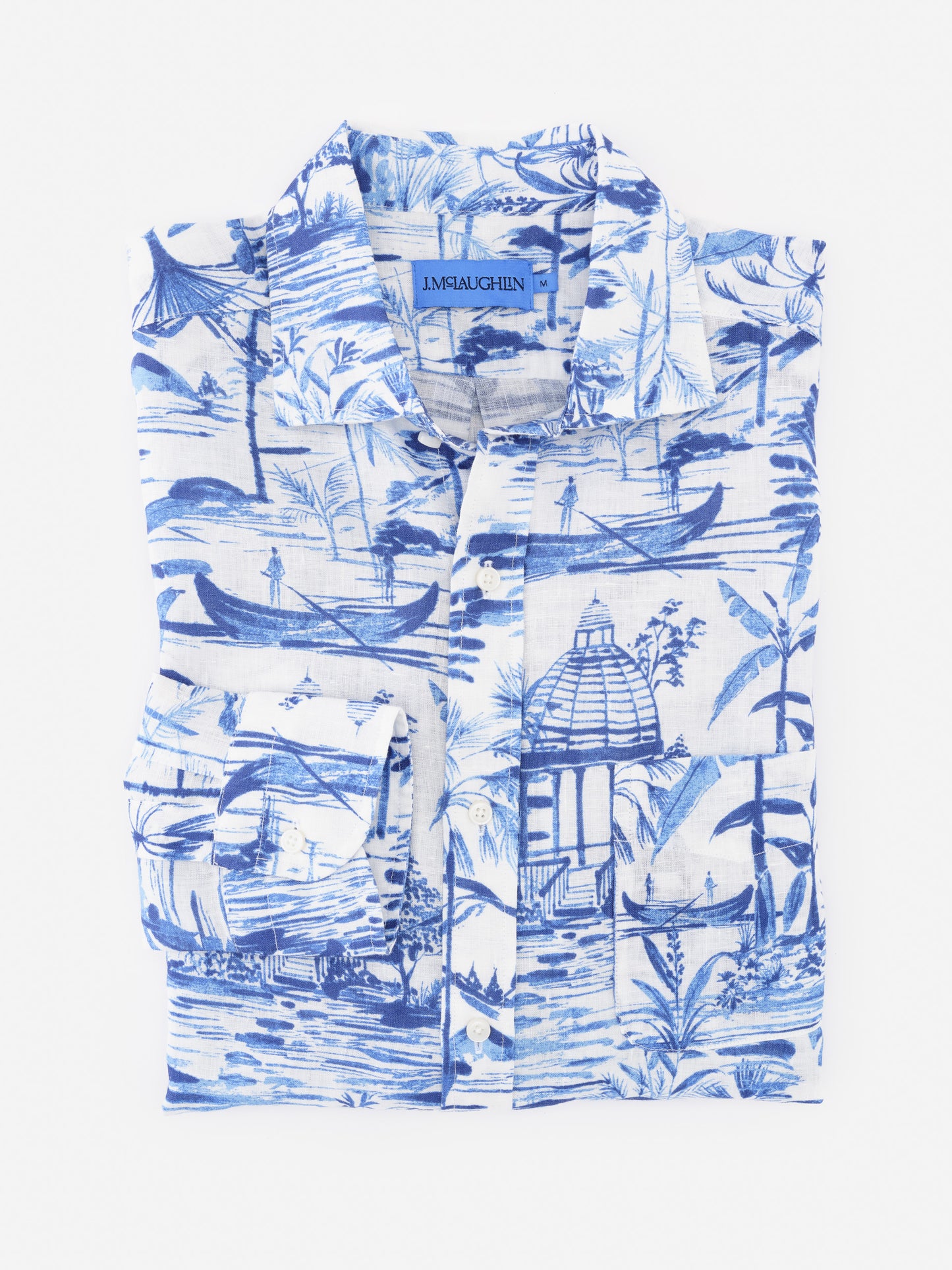 Folded Gramercy Linen Shirt in Mini Seaforth by J.McLaughlin featuring a blue scenic print on white lightweight linen, combining effortlessly stylish comfort with enduring designs and innovative fabrics.