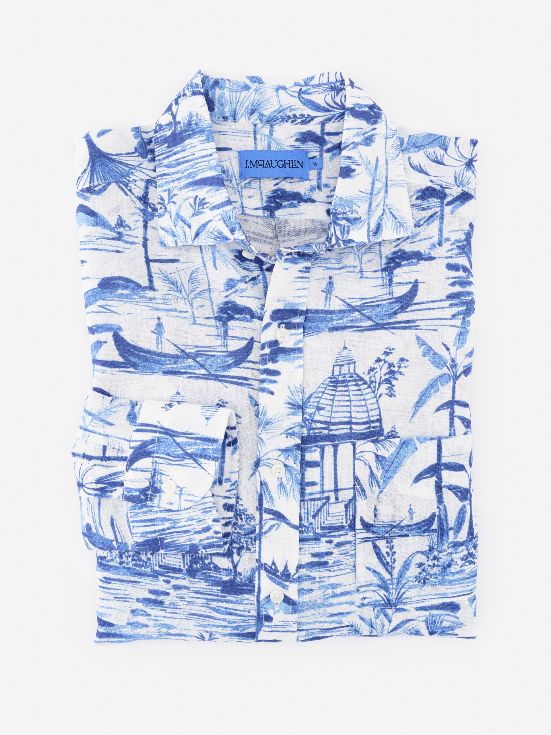 Folded Gramercy Linen Shirt in Mini Seaforth by J.McLaughlin featuring a blue scenic print on white lightweight linen, combining effortlessly stylish comfort with enduring designs and innovative fabrics.
