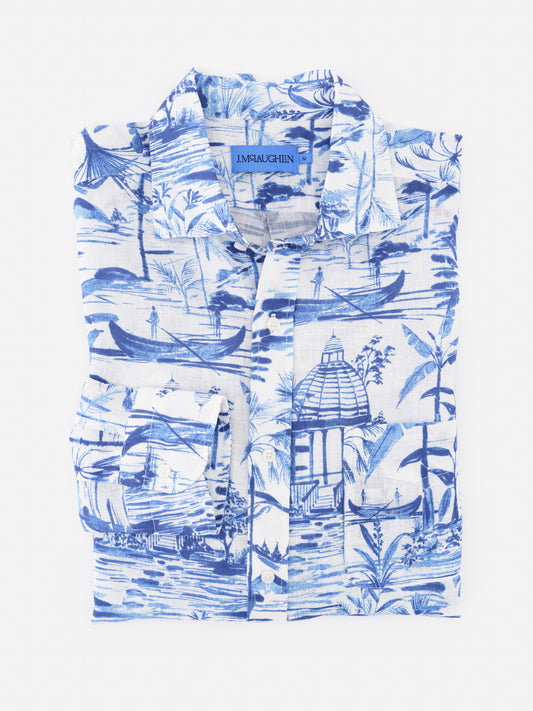 Folded Gramercy Linen Shirt in Mini Seaforth by J.McLaughlin featuring a blue scenic print on white lightweight linen, combining effortlessly stylish comfort with enduring designs and innovative fabrics.