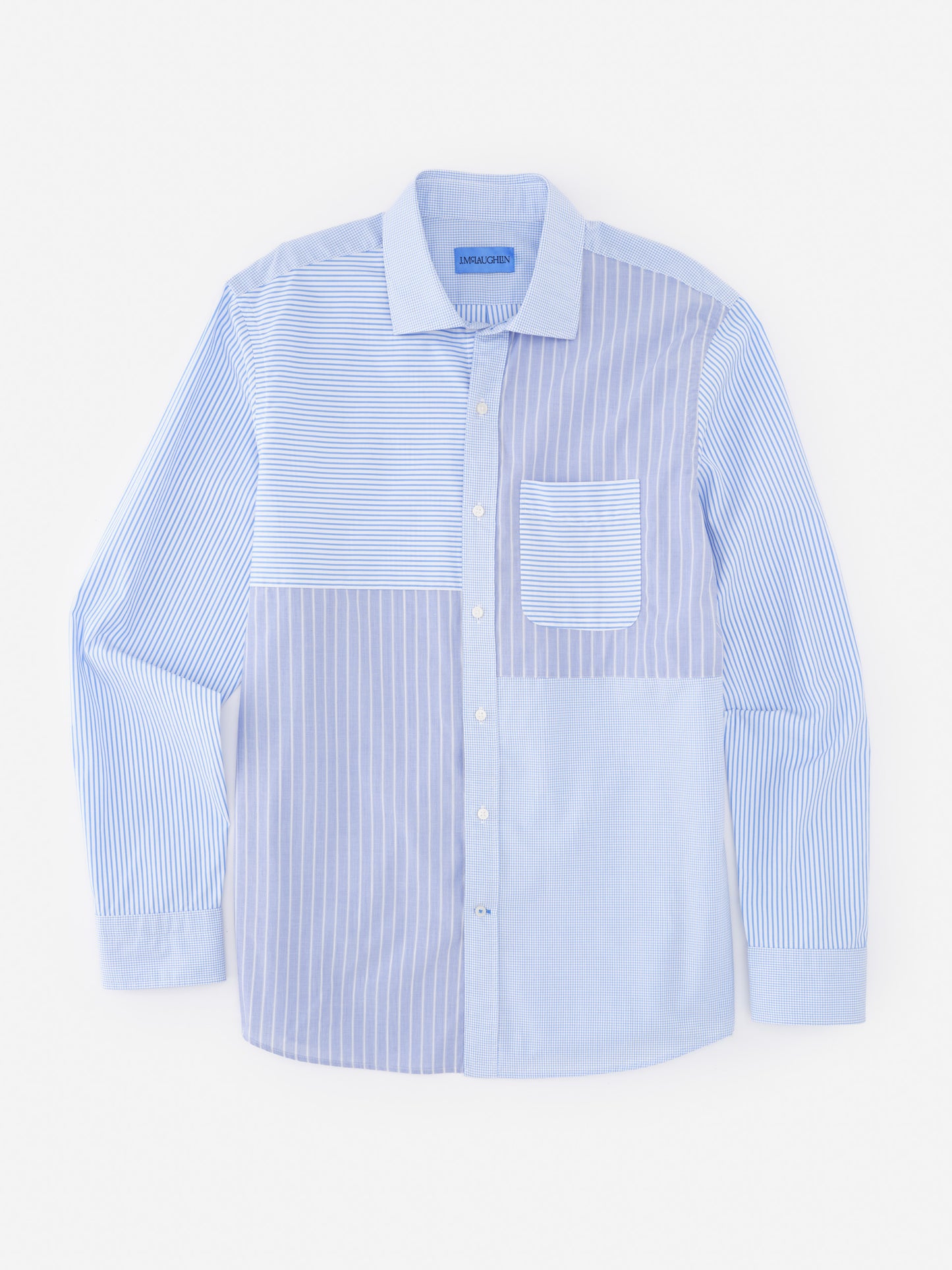 Gramercy Cotton Shirt in Patchwork by J.McLaughlin featuring effortlessly stylish patchwork stripes in innovative fabrics, showcasing enduring designs for a legacy of timeless fashion. A destination for defining style. Life, Well-Lived.