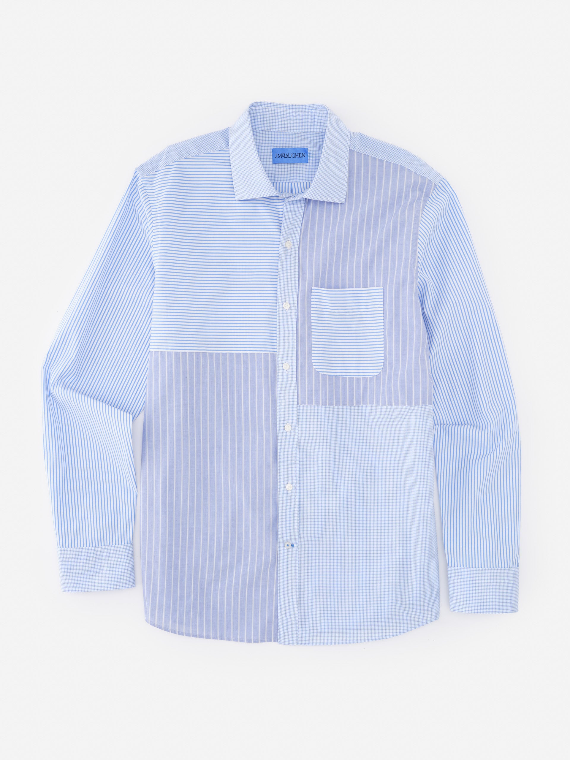 Gramercy Cotton Shirt in Patchwork by J.McLaughlin featuring effortlessly stylish patchwork stripes in innovative fabrics, showcasing enduring designs for a legacy of timeless fashion. A destination for defining style. Life, Well-Lived.