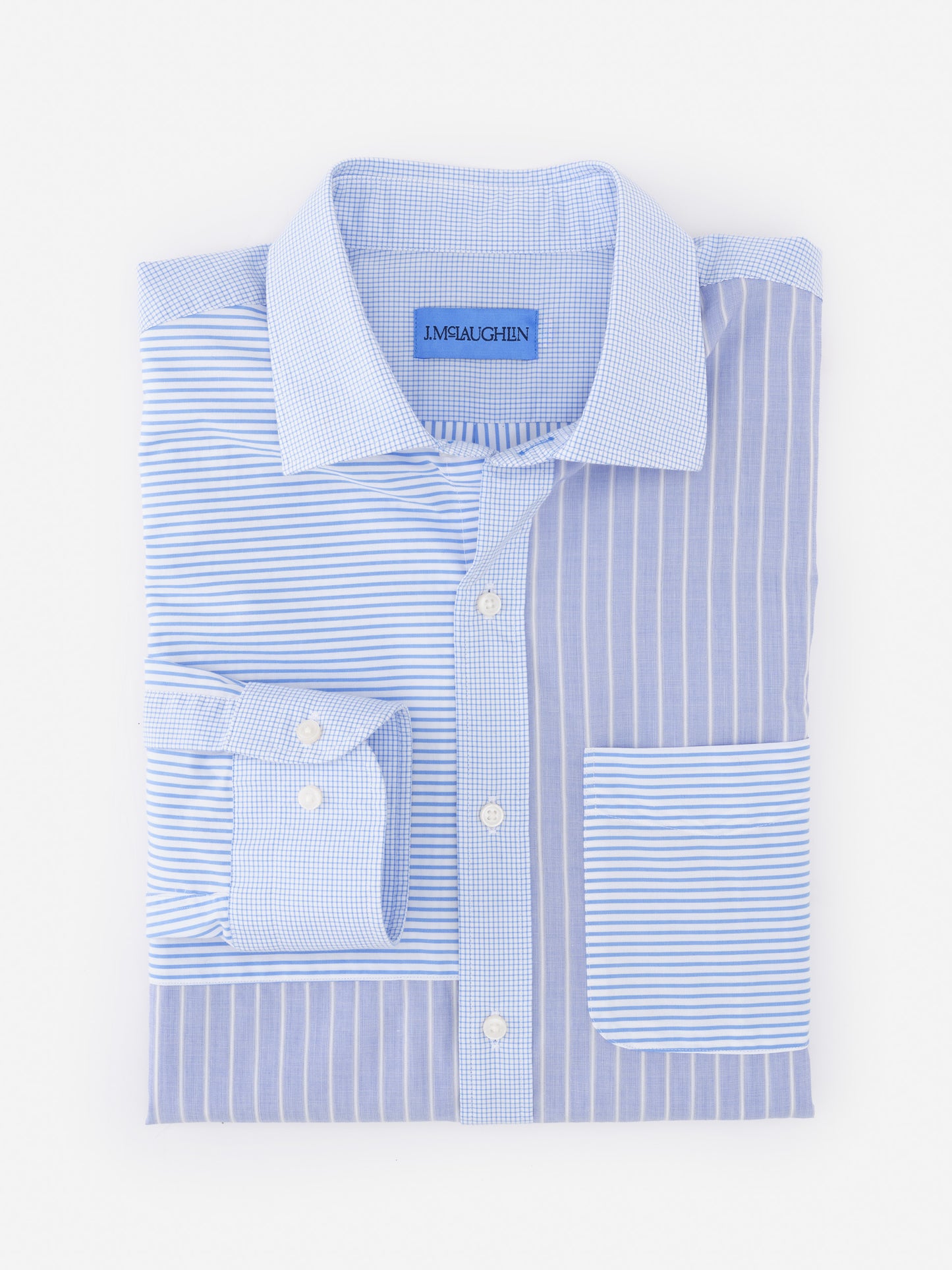 Folded Gramercy Cotton Shirt in Patchwork by J.McLaughlin features a stylish patchwork of blue and white stripes, reflecting effortlessly stylish, enduring designs with innovative fabrics.