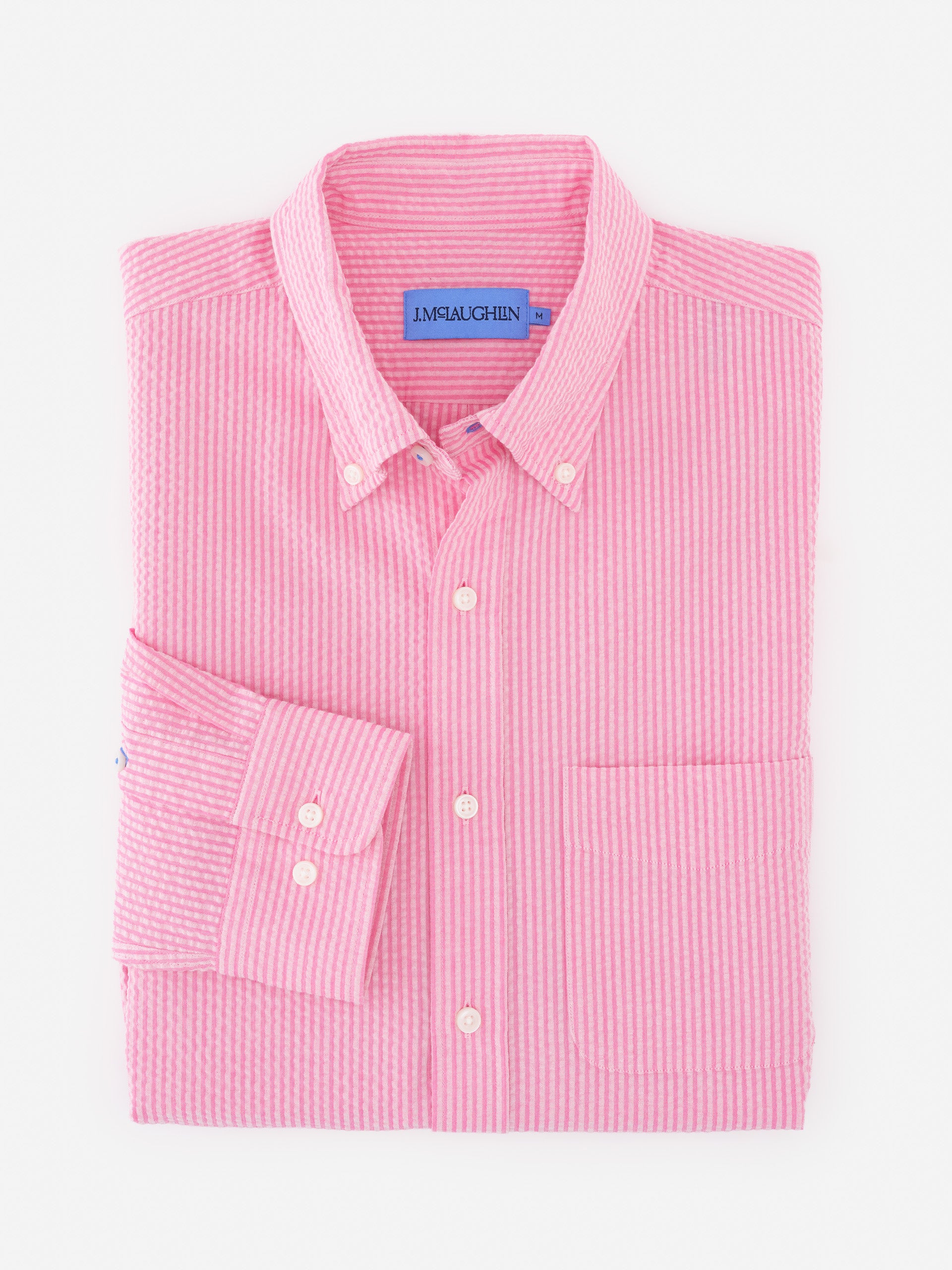 Folded pink Belvedere Cotton Seersucker Shirt in Stripe by J.McLaughlin featuring button-down collar and front pocket, showcasing effortlessly stylish, enduring designs with innovative fabrics.