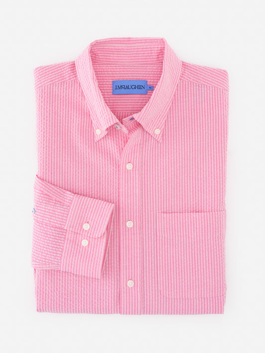 Folded pink Belvedere Cotton Seersucker Shirt in Stripe by J.McLaughlin featuring button-down collar and front pocket, showcasing effortlessly stylish, enduring designs with innovative fabrics.