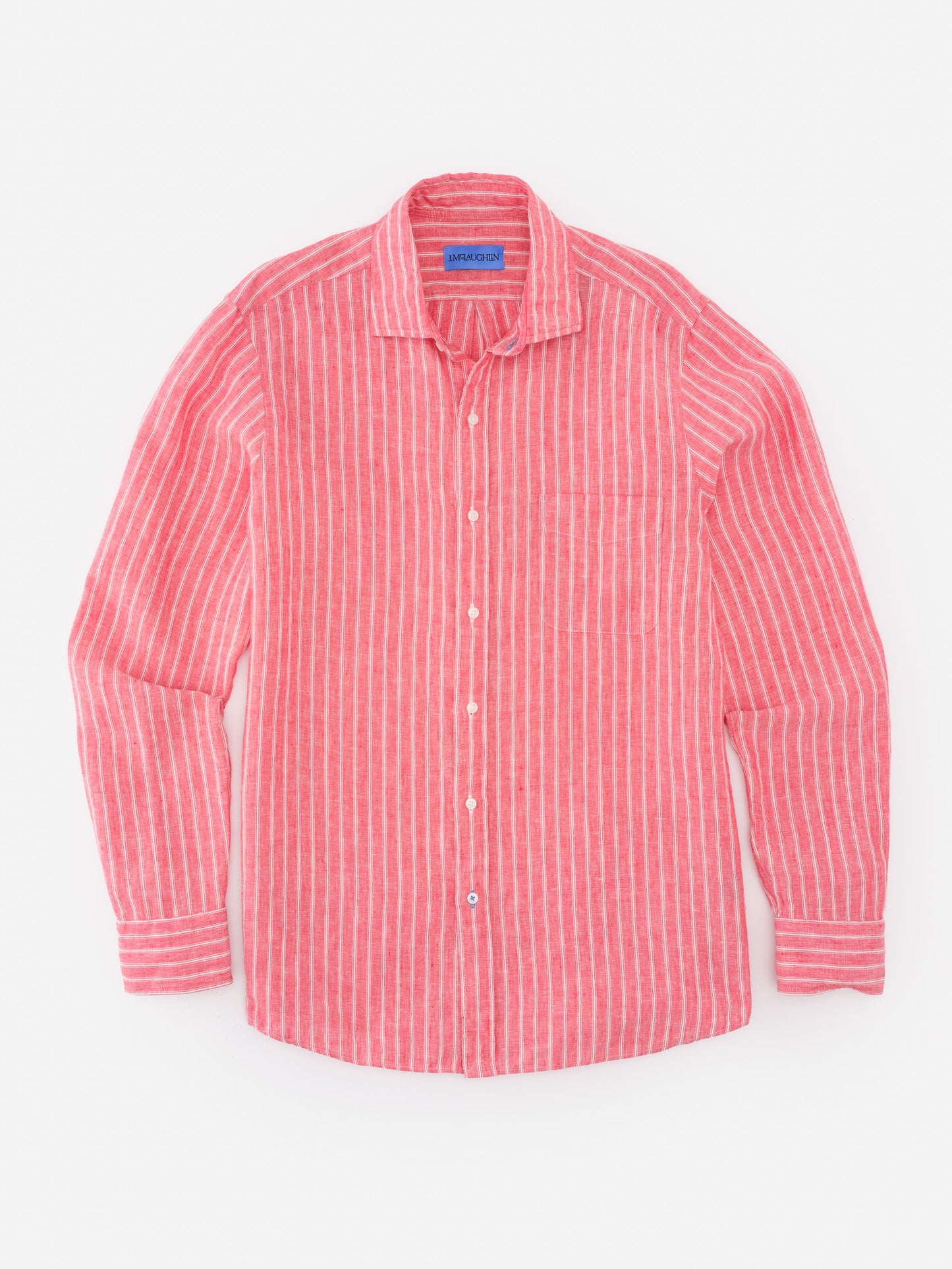 Light red and white striped Gramercy Linen Shirt in Varigated Stripe by J.McLaughlin, showcasing effortlessly stylish design and innovative fabrics for enduring style.