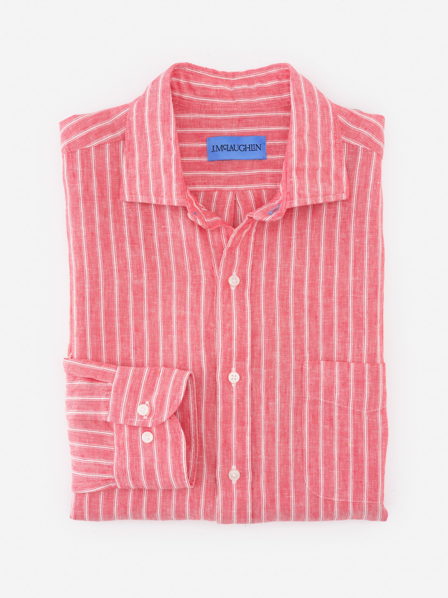 Gramercy Linen Shirt in Varigated Stripe by J.McLaughlin features effortlessly stylish pink and white stripes in an innovative linen fabric, embodying enduring designs and timeless fashion.