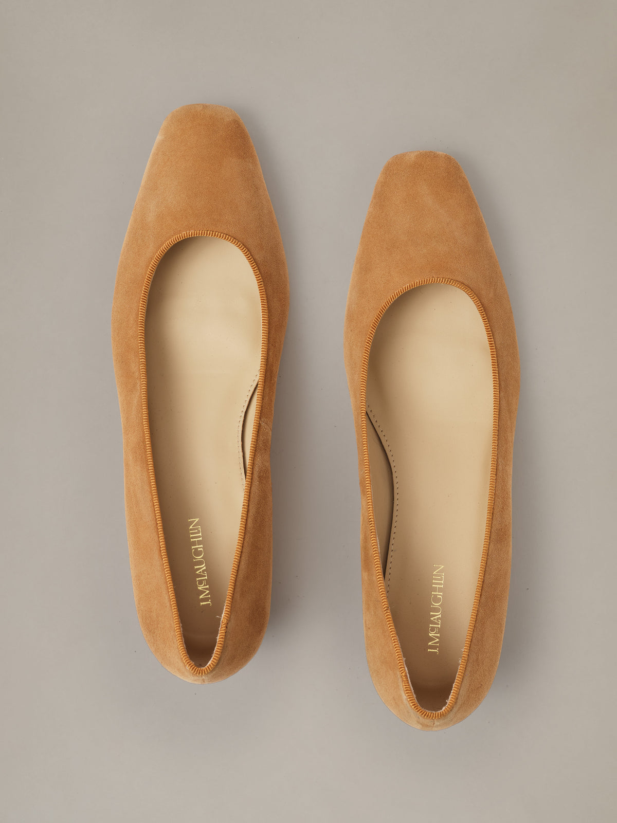 Josie Suede Pumps by J.McLaughlin in soft tan suede with elegant almond toes and classic low heels