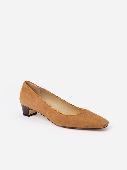 Josie Suede Pumps by J.McLaughlin featuring a soft tan suede upper and a tortoise-patterned low heel, combining timeless style with everyday comfort.
