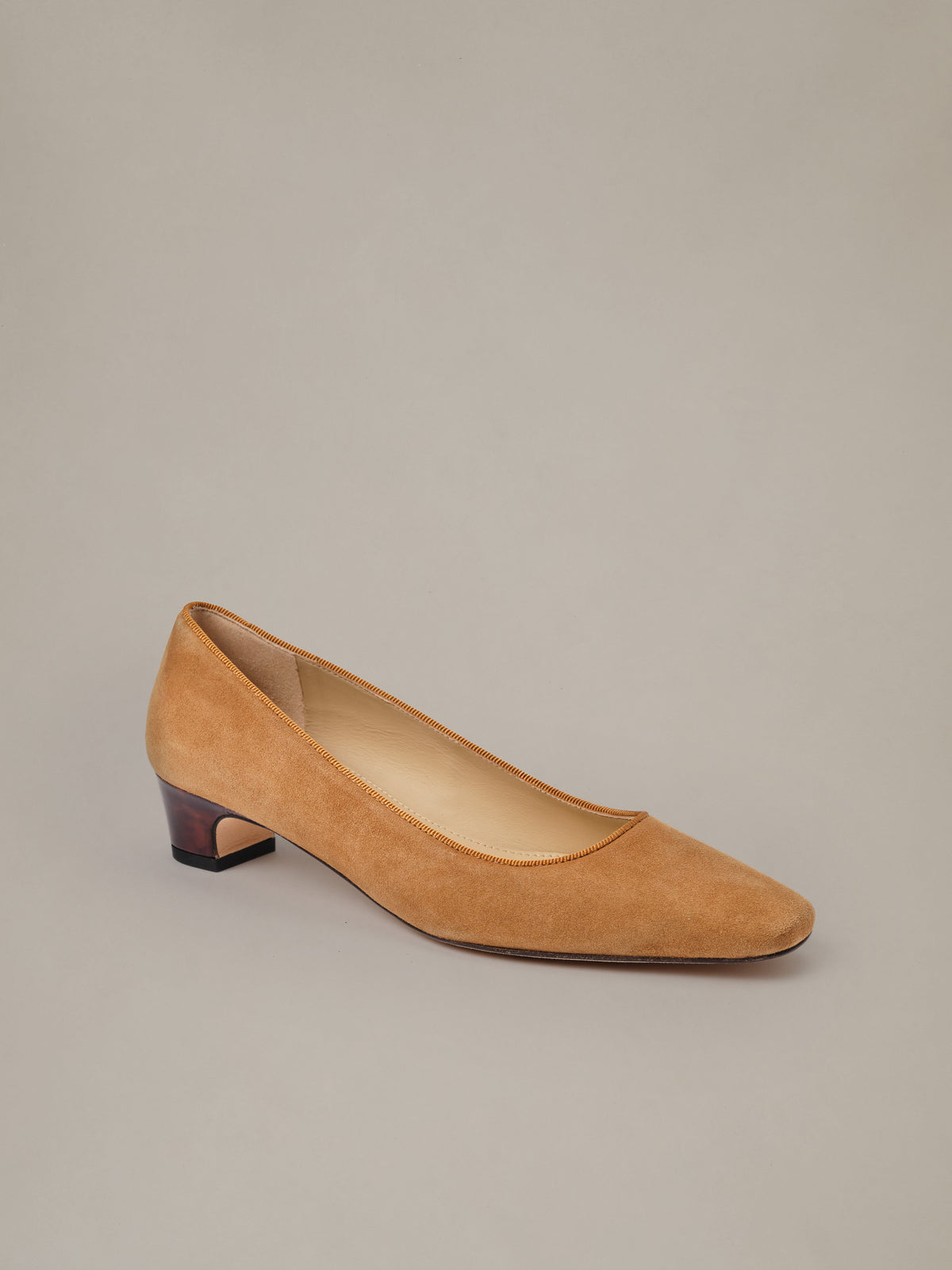 Josie Suede Pumps by J.McLaughlin in tan suede with a pointed toe and low tortoise patterned heel