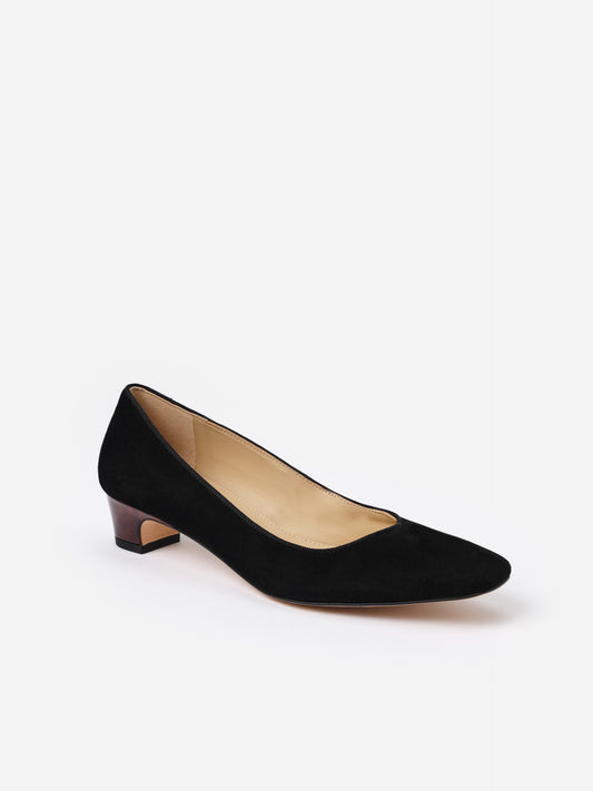 Josie Suede Pumps by J.McLaughlin featuring a soft black suede upper with a tortoise-patterned low heel, combining timeless style with enduring comfort.