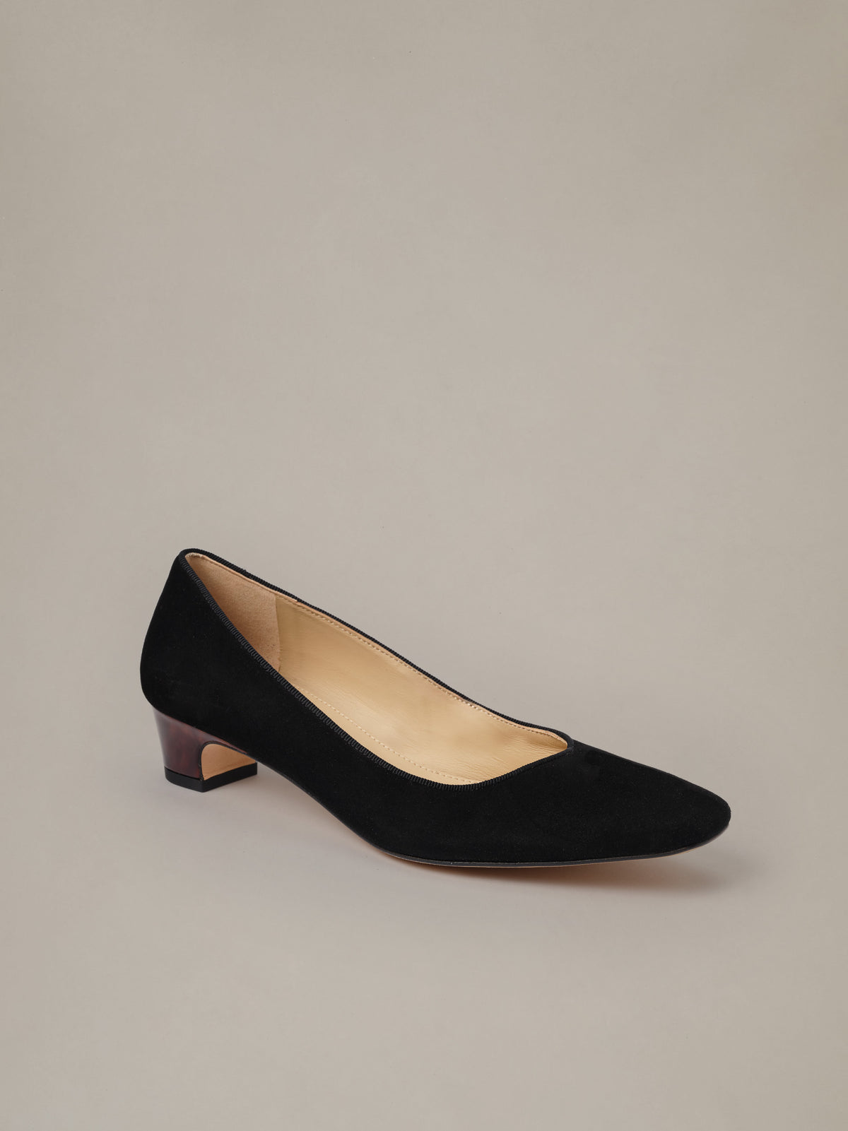 Josie Suede Pumps by J.McLaughlin in black suede with a pointed toe and distinctive tortoise patterned low heel