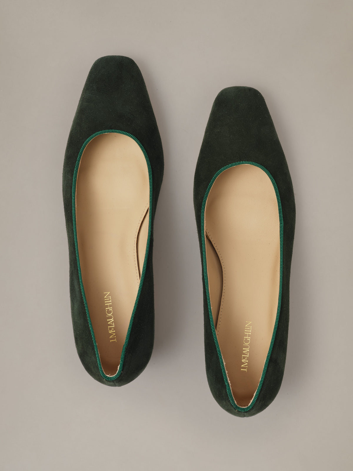 Josie Suede Pumps in dark green suede with rounded toes and contrasting trim by J.McLaughlin