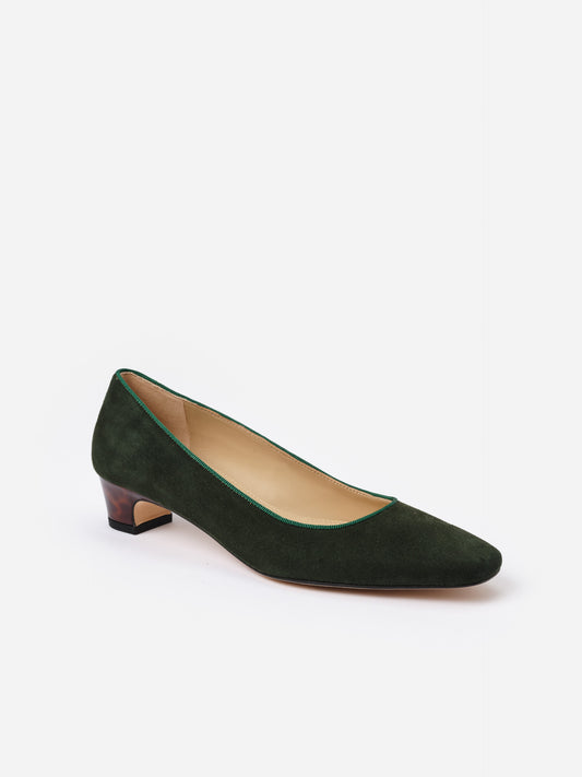 Josie Suede Pumps in dark green suede with a tortoise-patterned low heel, showcasing J.McLaughlin’s effortlessly stylish, enduring design for elegant workday shoes.